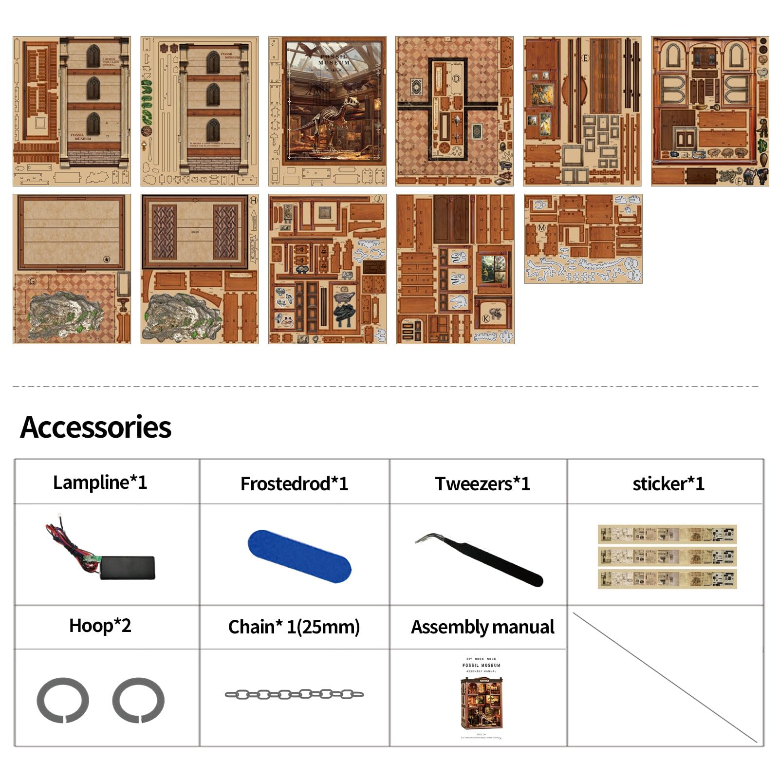 Book Nook Kit – model muzeum skamielin (motyw dinozaurów), miniaturowe drewniane puzzle 3D z oświetleniem LED, zestaw do majsterkowania dla dorosłych, prezent i akcesoria do domu