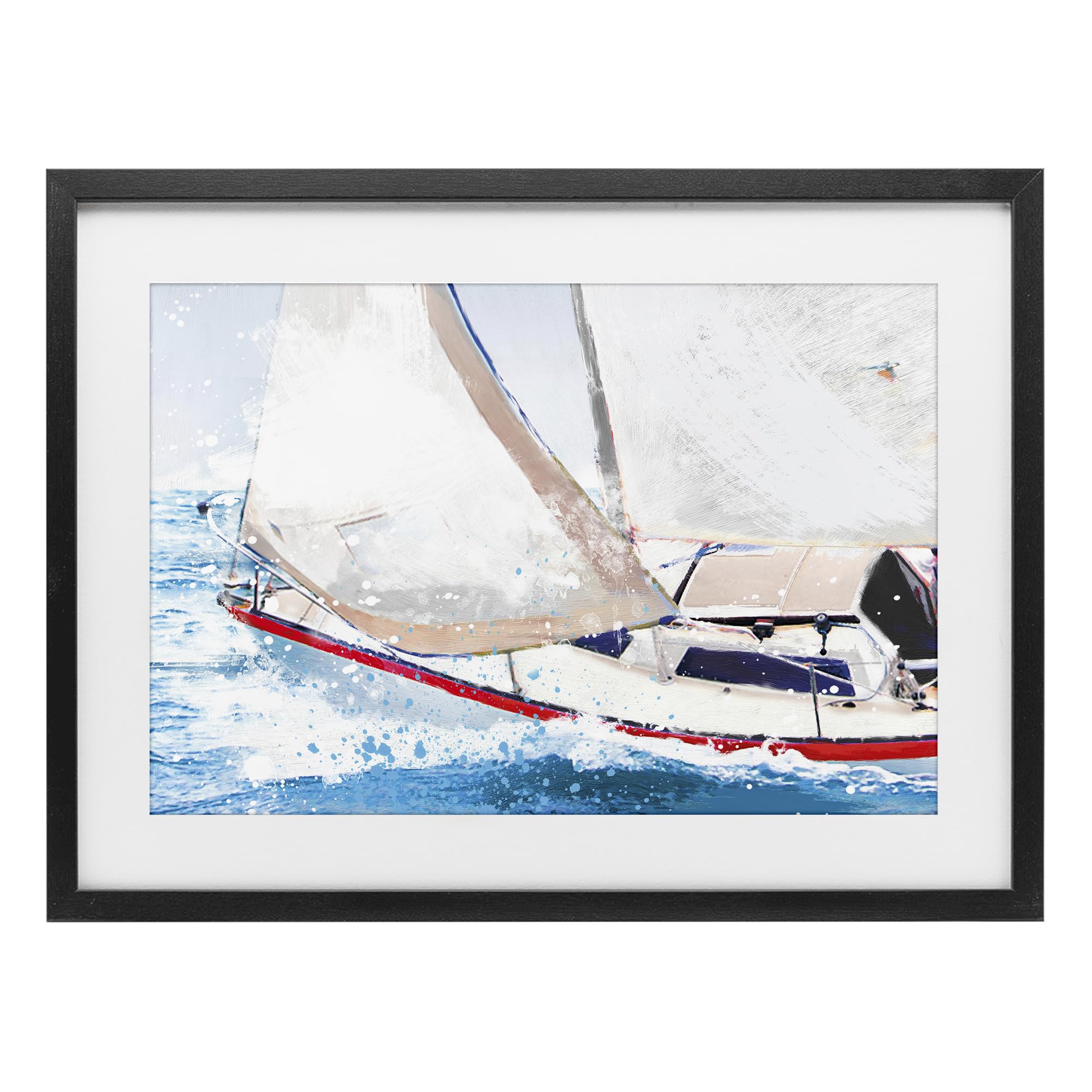 Stupell Industries Midnight Black (Textured) 'Sailboat Racing Through Blue Waves'| Framed Print Under Glass