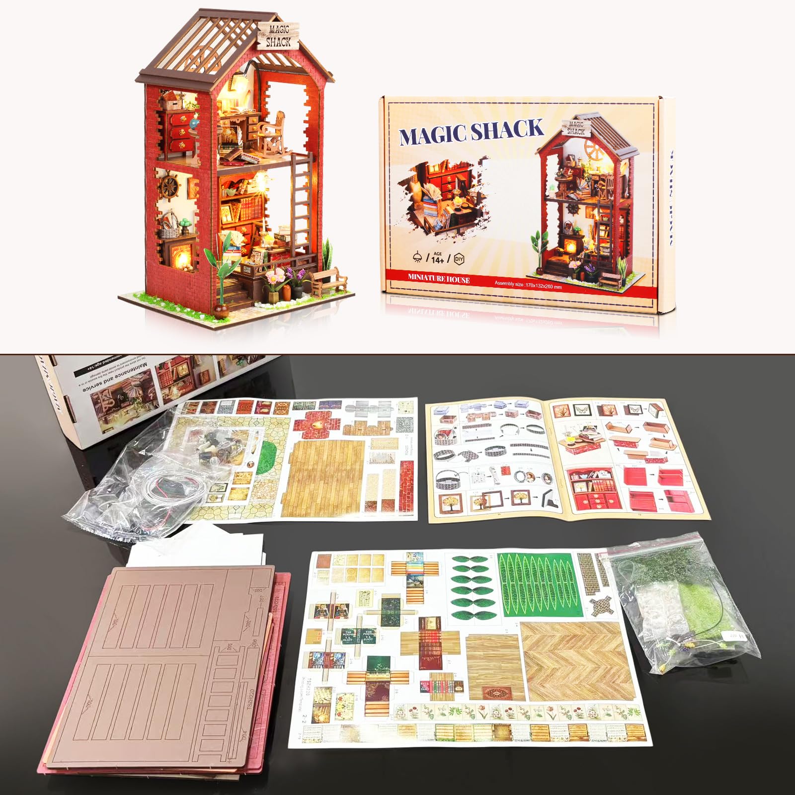 shrike Book Nook- Kit casa delle bambole in miniatura in legno, puzzle 3D con mobili e illuminazione a LED, giocattoli educativi e accessori - 14+ Ragazze e ragazzi