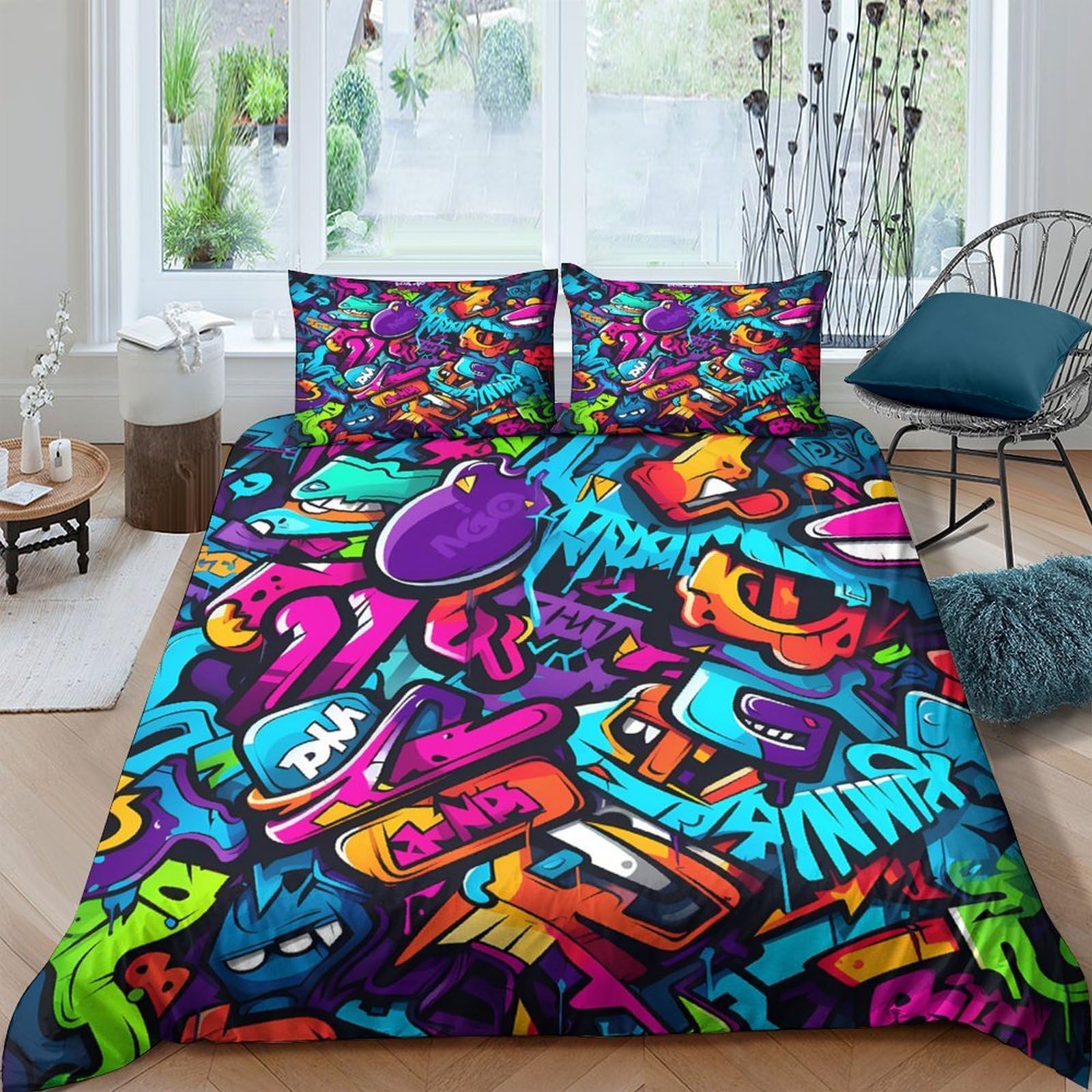 Ctjqhvkz Style-8 3D Printed Graffiti Street Art Fitted Sheet Microfiber Vibrant Urban Cartoon Mattress Cover For Bedroom Home Decor Single（135X200cm）