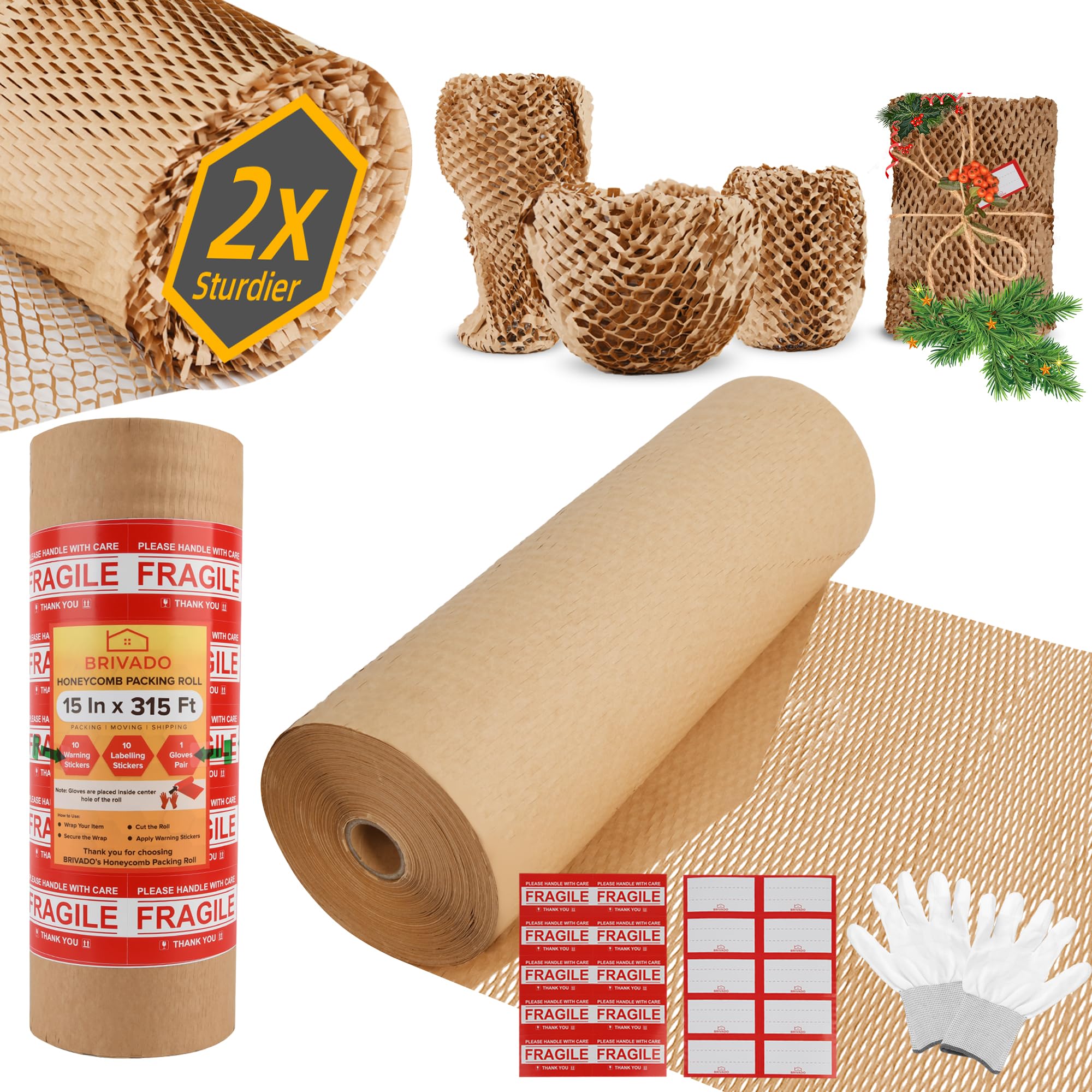 Rollo de papel de embalaje de panal de abeja de 15 x 3780 pulgadas (96 m) – Papel de regalo ecológico con calcomanías frágiles y de etiquetado, guantes, papel de panal reciclable | Alternativa al