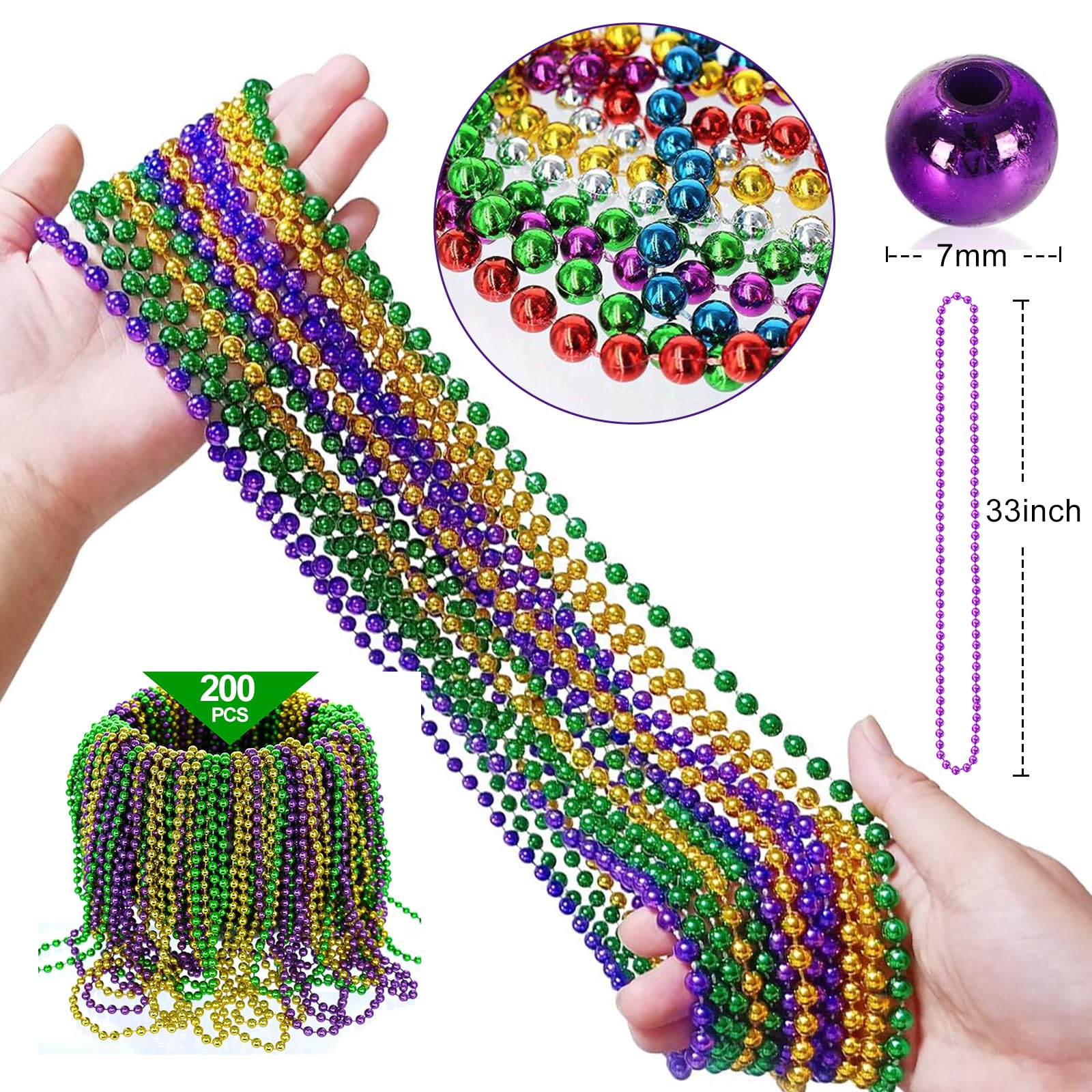 Elefama 200PCS Mardi Gras Beads Necklaces Bulk 33 Inch 7 mm Purple Blue Pink Silver Gold Red Green Mardi Gras Beaded Necklaces Glow Party Throw Parade Beads Mardi Gras Decorations for Women Men Kids