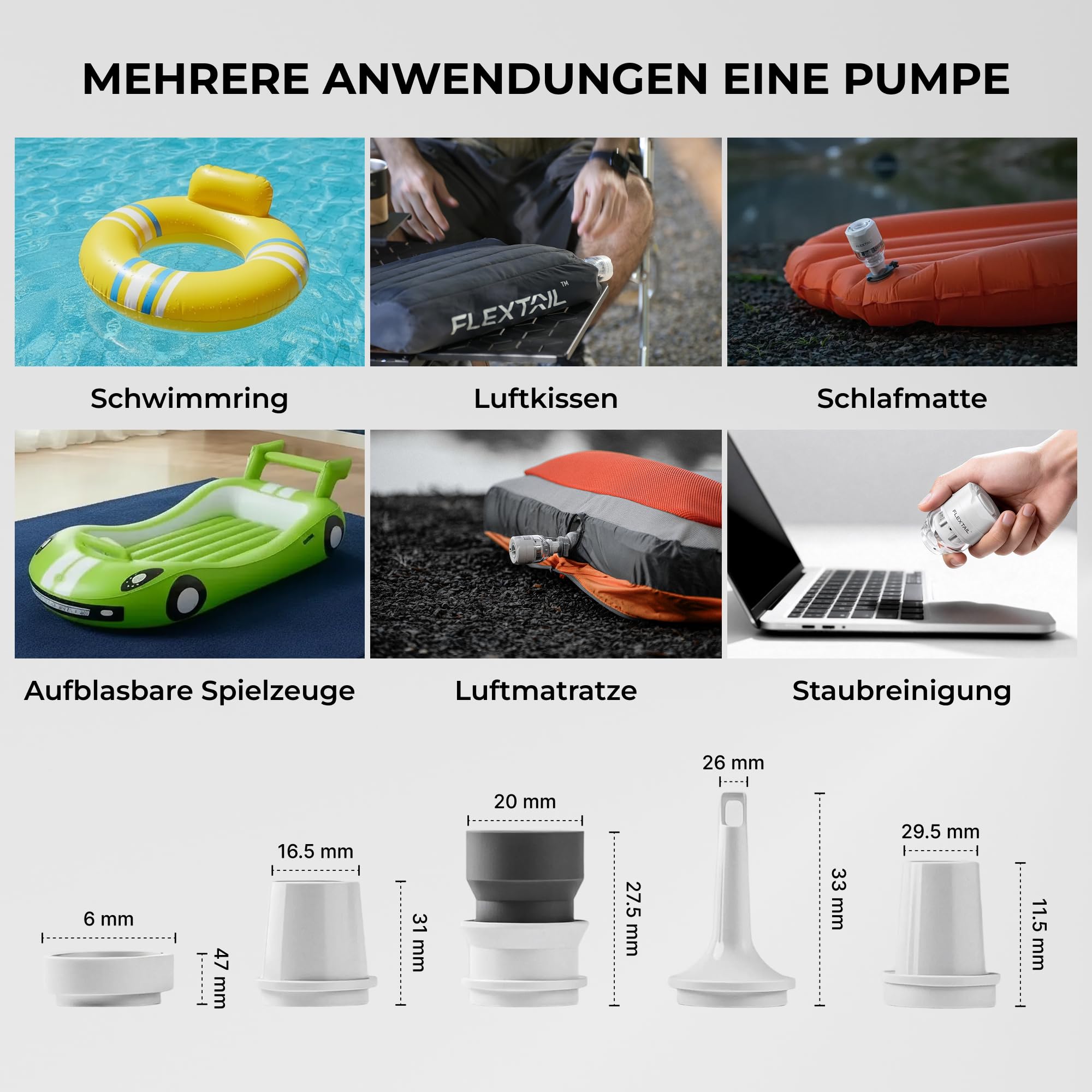 FLEXTAILGEAR Tragbare Elektrische Luftpumpe für Aufbläsartikel, Luftmatratzenpumpe mit 5 Lichtmodi, Geräuscharmer Design, Mini Pumpe für Schlafmatten, Vakuumbeutel, Luftbetten und Poolspielzeug