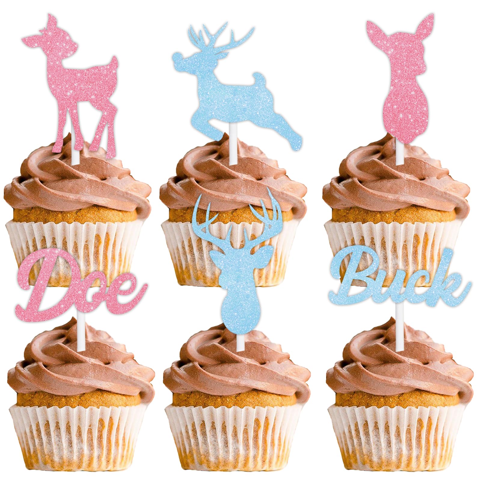 LETLIMIT 18pcs Glitter Cupcake Topper Doe or Buck Gender Reveal Theme Decor Supplies Boys Girls Happy Birthday Party Decorations