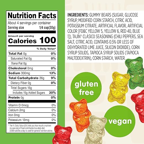 Miniatura 2 de Snak Club Tajin Osos Gomos de Gummy Bears, Gomitas de Fruta Surtidas con Condimento de Chile y Lima, Snacks Suaves, Sin Gluten y Veganos, Bolsas