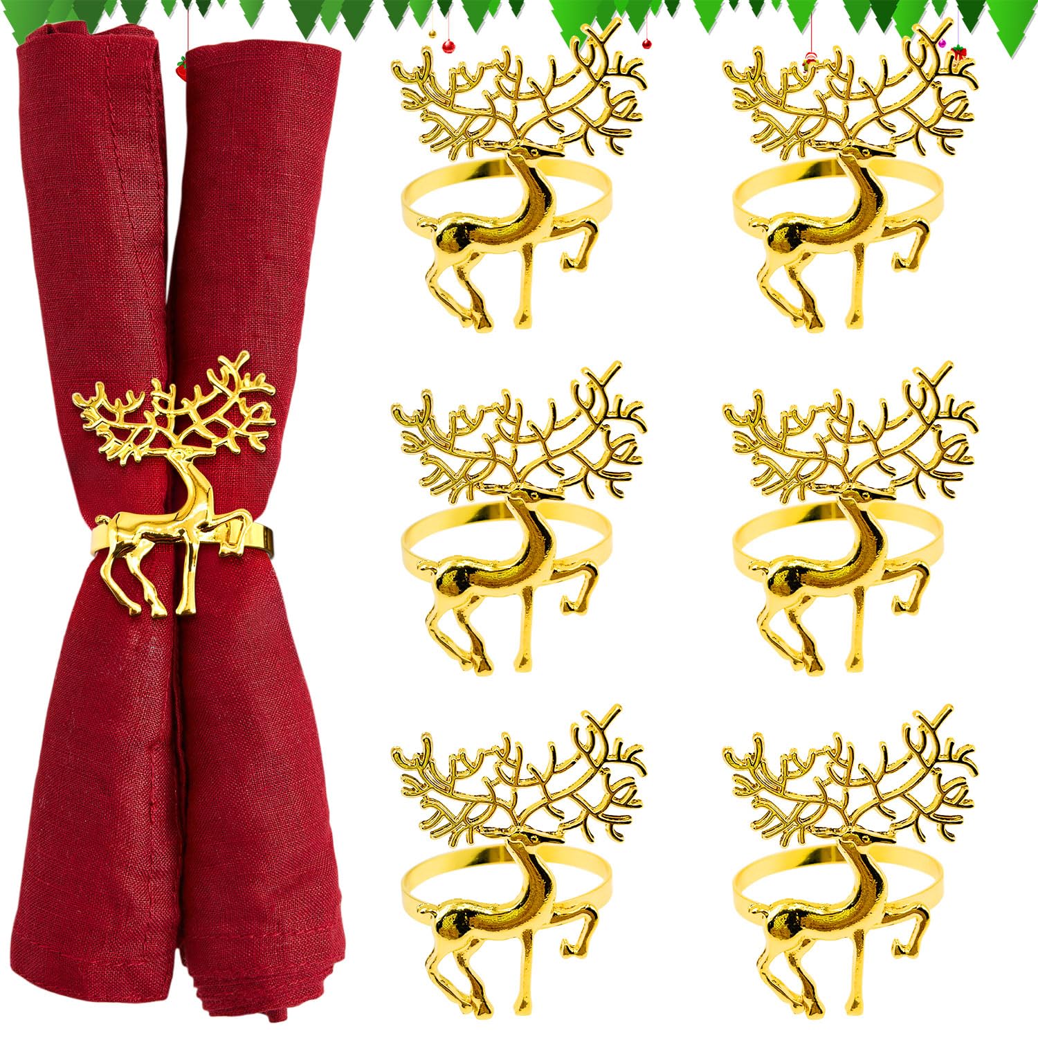 NOCHME Servilleteros Navidad De Reno, 6 Elegantes Aros De Metal Galvanizado Dorado Servilleta De Alce De Navidad (Dorado)