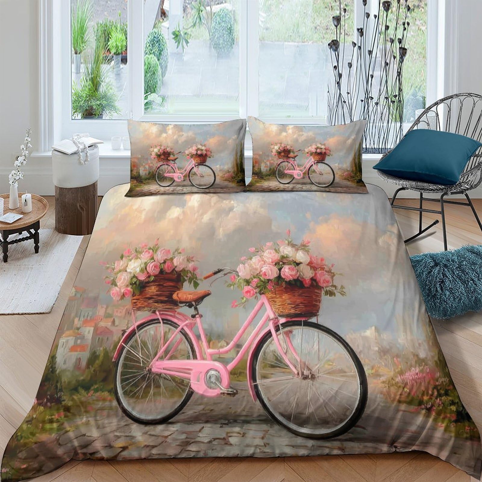Parure de couette vélo rose en microfibre de luxe, linge de lit satiné et durable