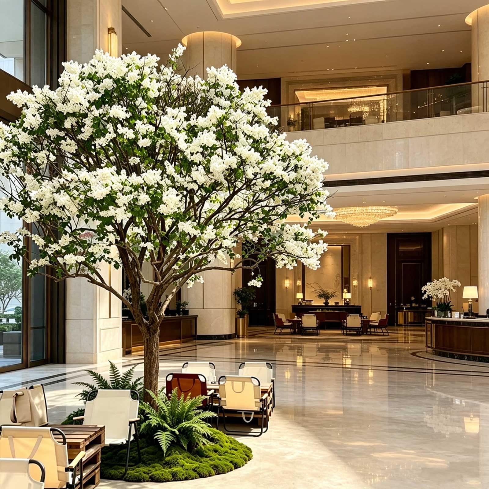 KIBONCY Minimalist Artificial Chionanthus Retusus Tree, Elegant White Fringe Blossom Faux Tree with Base, Aesthetic Floor Plant for Boutique Lounge(1.2x1m)