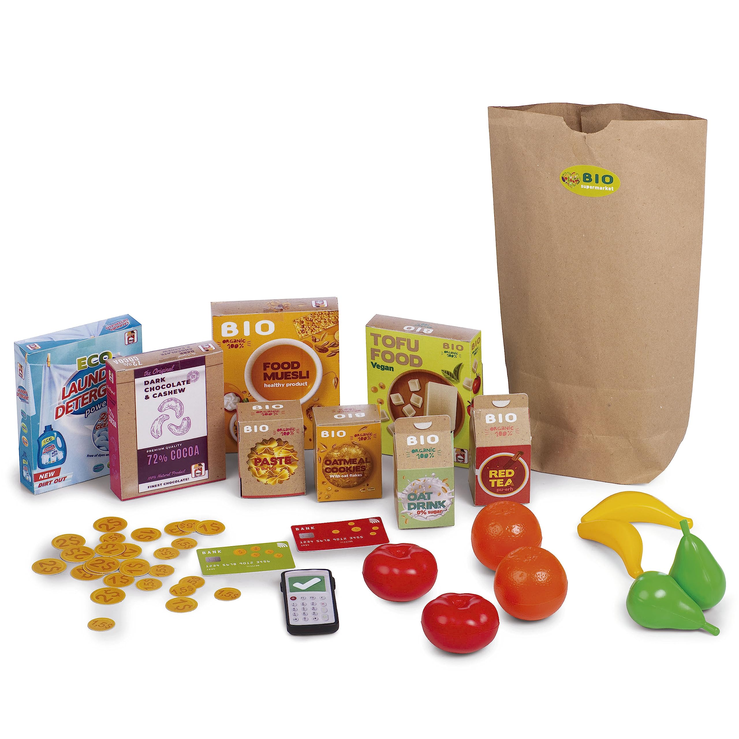 Chicos - Bio Supermarket Tienda de Juguete con Sonidos y 20 Accesorios: Fruta, Verdura, Tarjetas de Crédito para Pagar, un Datáfono y 47 Monedas, para Niños y Niñas A Partir de 3 Años (84110)