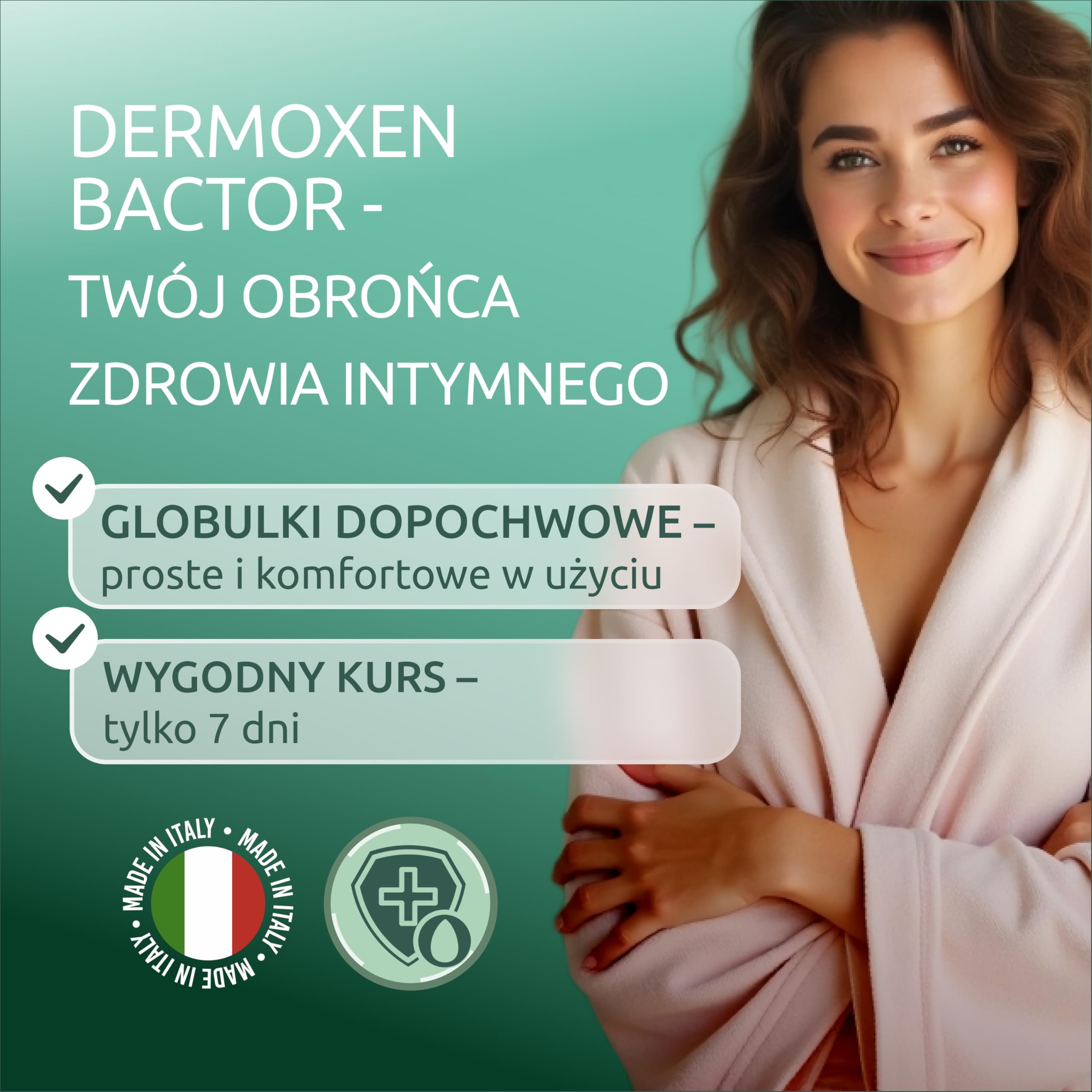 DERMOXEN Bactor komórki jajowe środek dezynfekujący i grzybobójczy. Chroni przed bakteryjnym i grzybiczym zapaleniem pochwy oraz zapaleniem pochwy. Łagodzi pieczenie i swędzenie. 7 sztuk