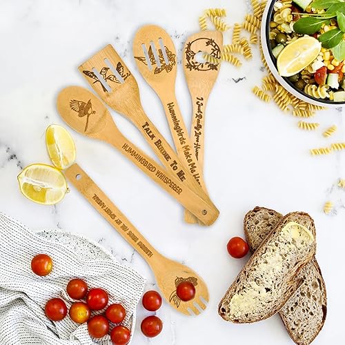 Miniatura 5 de Jouierty Juego de 5 cucharas de madera de colibrí, utensilios de cocina de colibrí, utensilios de cocina de bambú natural, espátula ranurada,