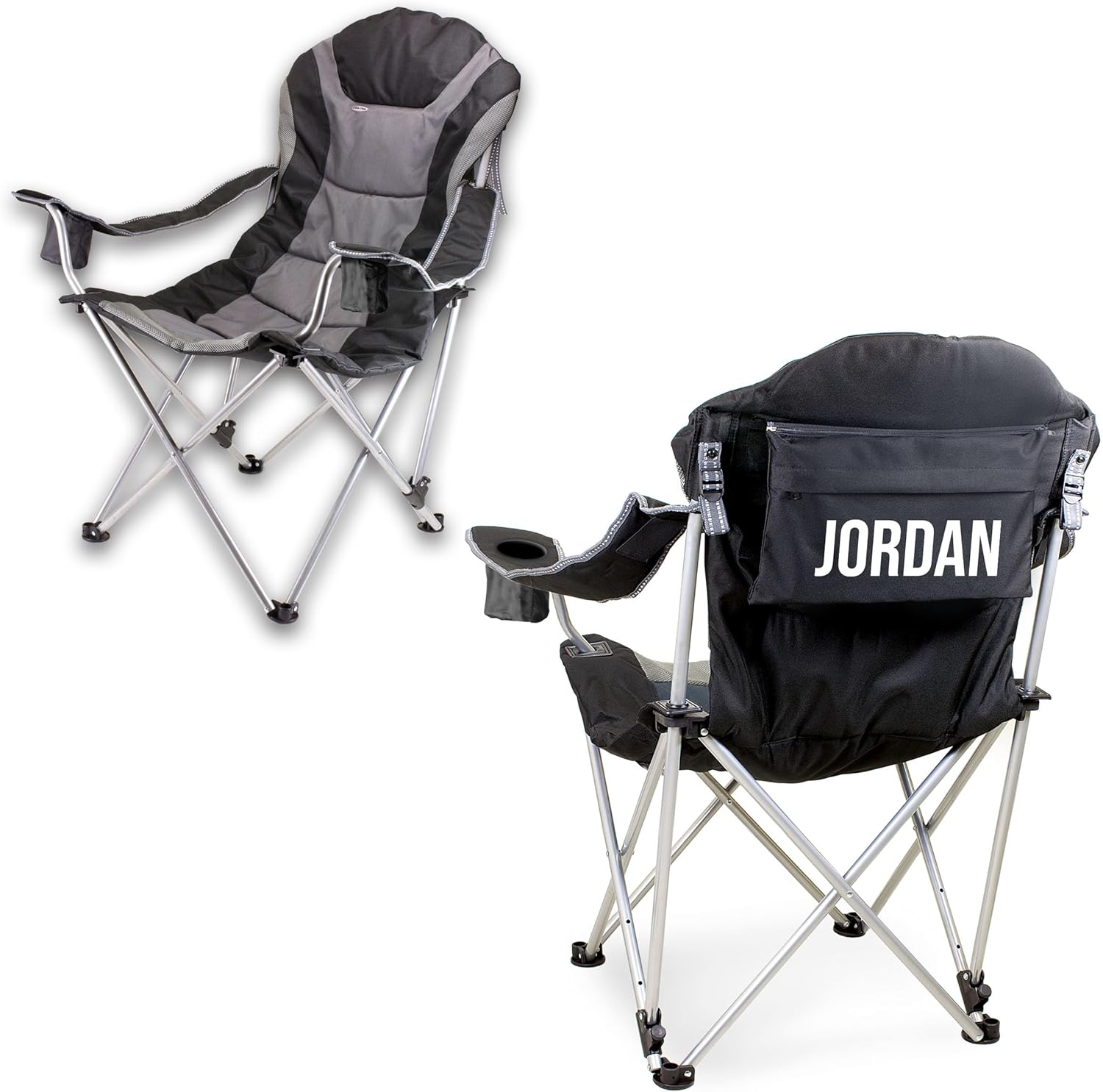 PICNIC TIME Personalized Reclining Camp Chair, Custom Beach Camping Chair for Adults, Sports Chair with Carry Bag, (Navy Blue with Gray Accents)
