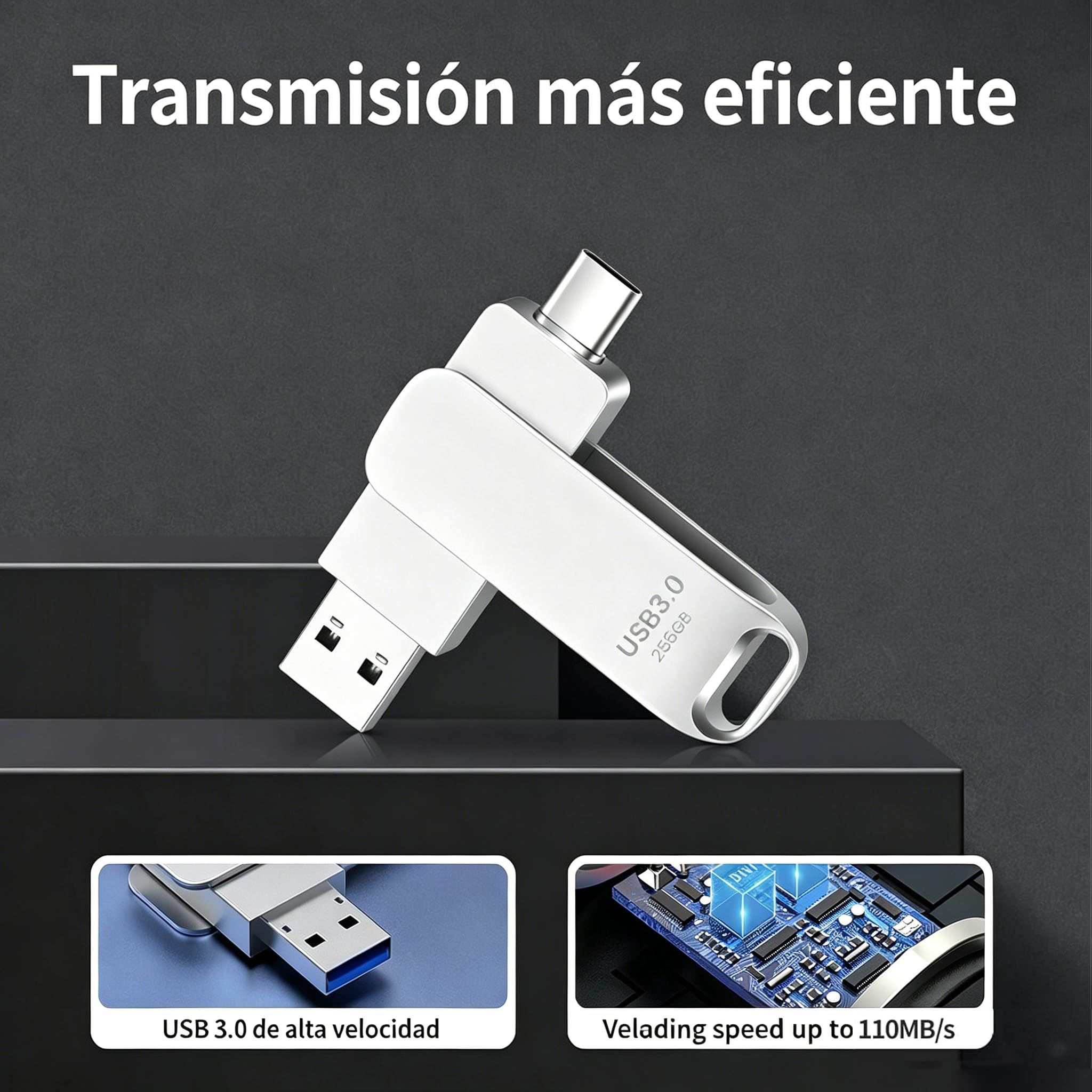 Memoria USB C 3.0 de 256GB, Dual Drive Pendrive Tipo C y USB OTG 2 en 1 Portátil Impermeable Dual Pen Drive USB C Metal Alta Capacidad Memory Stick para iOS Smartphones,Android, PC, Tabletas-USB (M) — view 3