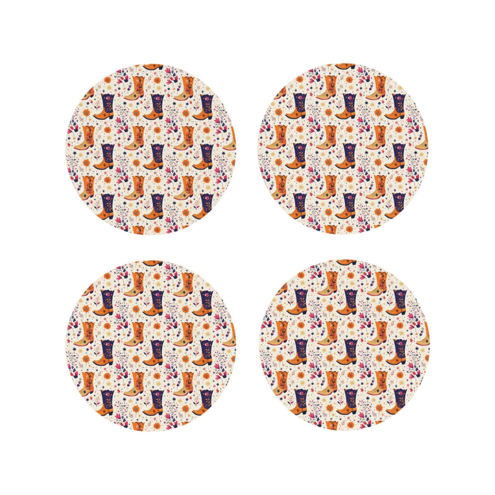Smazdfxx Women's As Pic Leather Coasters Set Of 4 - Floral Cowboy Boots Print Lightweight Drink Coasters For Desk