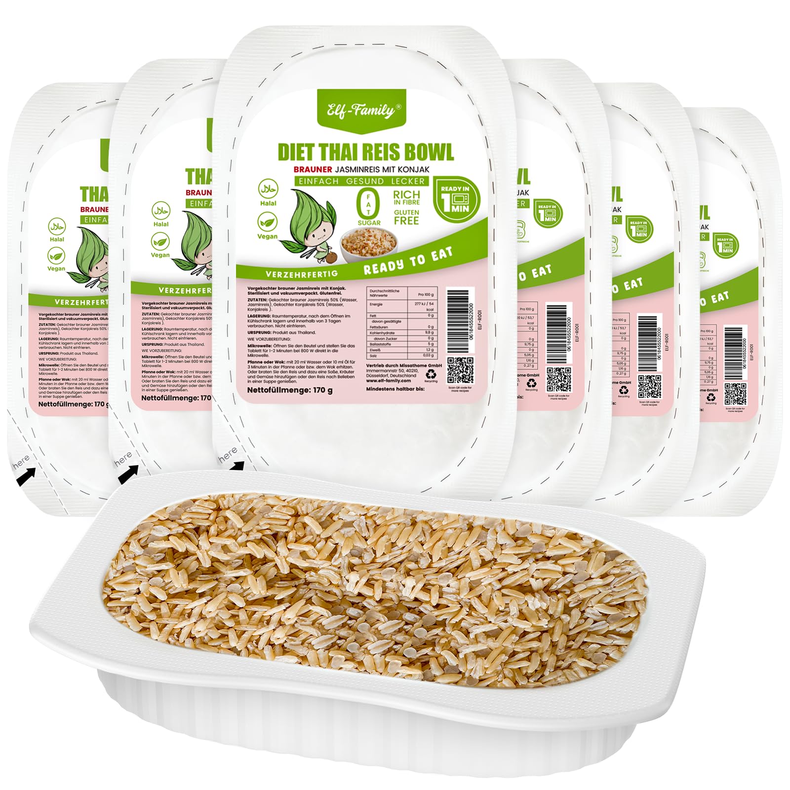Elf-Family Konjac Rice Thai - Cuenco de Shirataki marrón - Caja de dieta para 1 dónde] - Arroz de jazmín instantáneo - Comidas preparadas para microondas - Superalimentos naturales - Micronutrientes