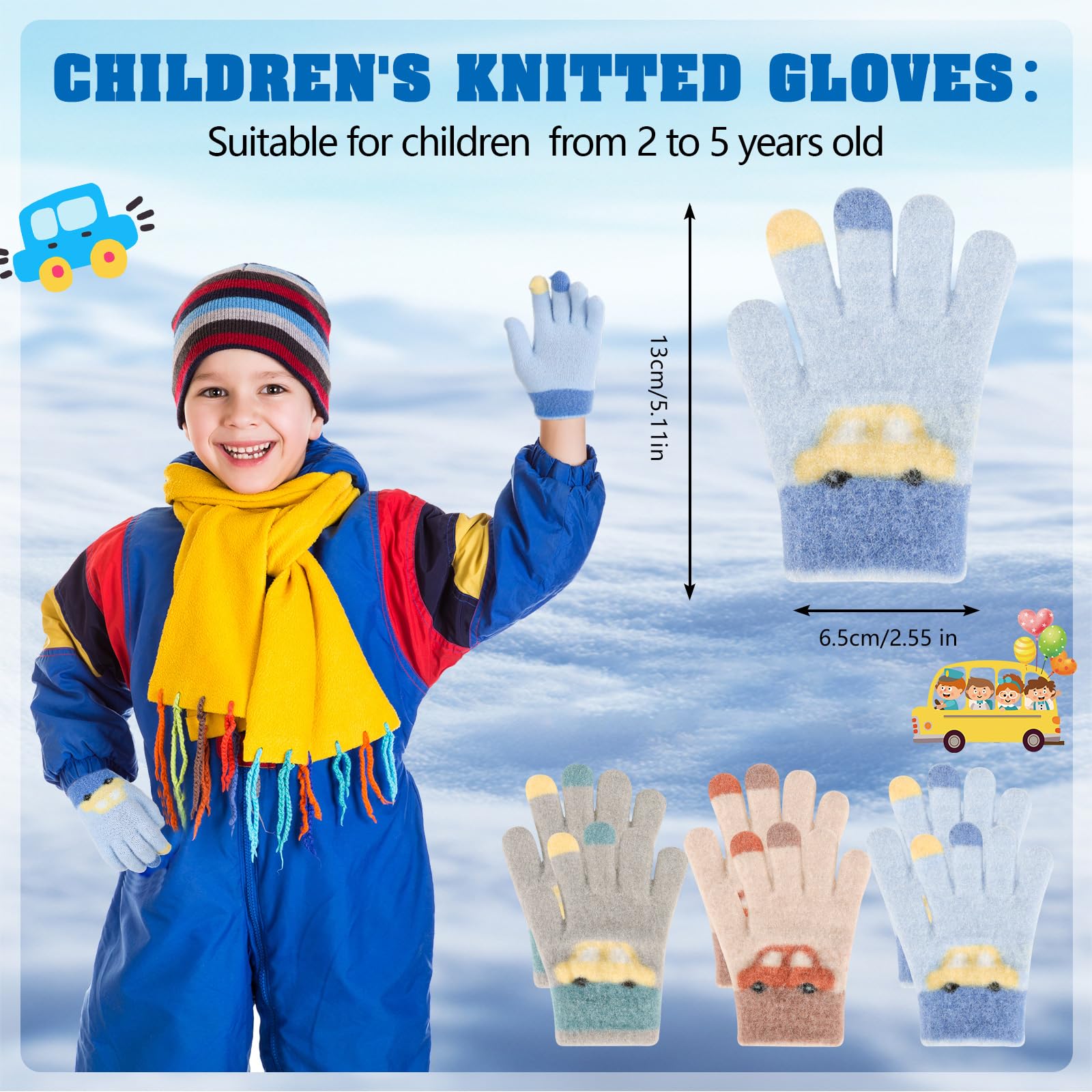 Lot de 3 paires de gants magiques pour enfants motif voiture, gants tricotés chauds et élastiques, mitaines d'hiver, 2-5 ans
