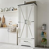 JXQTLINGMU 72" Farmhouse Kitchen Pantry Cabinet with Barn Doors, Adjustable Shelves & Drawer - Antique White Storage for Kitchen, Dining, Bathroom