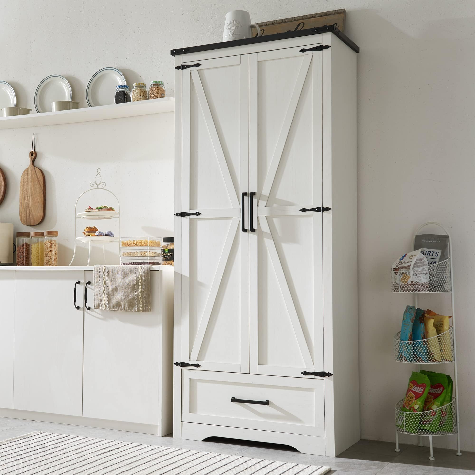 - JXQTLINGMU Farmhouse Kitchen Pantry Cabinet - 72" Tall Wood Kitchen Storage Cabinets with Adjustable Shelves & 2 Barn Style Doors & Drawer, Versatile Storage for Dining Room, Bathroom, Antique White