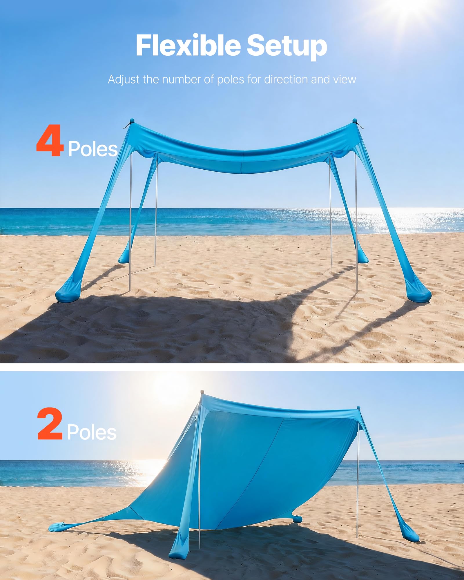 VEVOR Tenda Parasole Portatile da Spiaggia per Esterno Protezione Solare UPF 50+ 3 x 3 x 2 m, Parasole da Spiaggia con Pali di Supporto Ancoraggio Tenda Portatile per Campeggio Viaggio Pesca, Blu