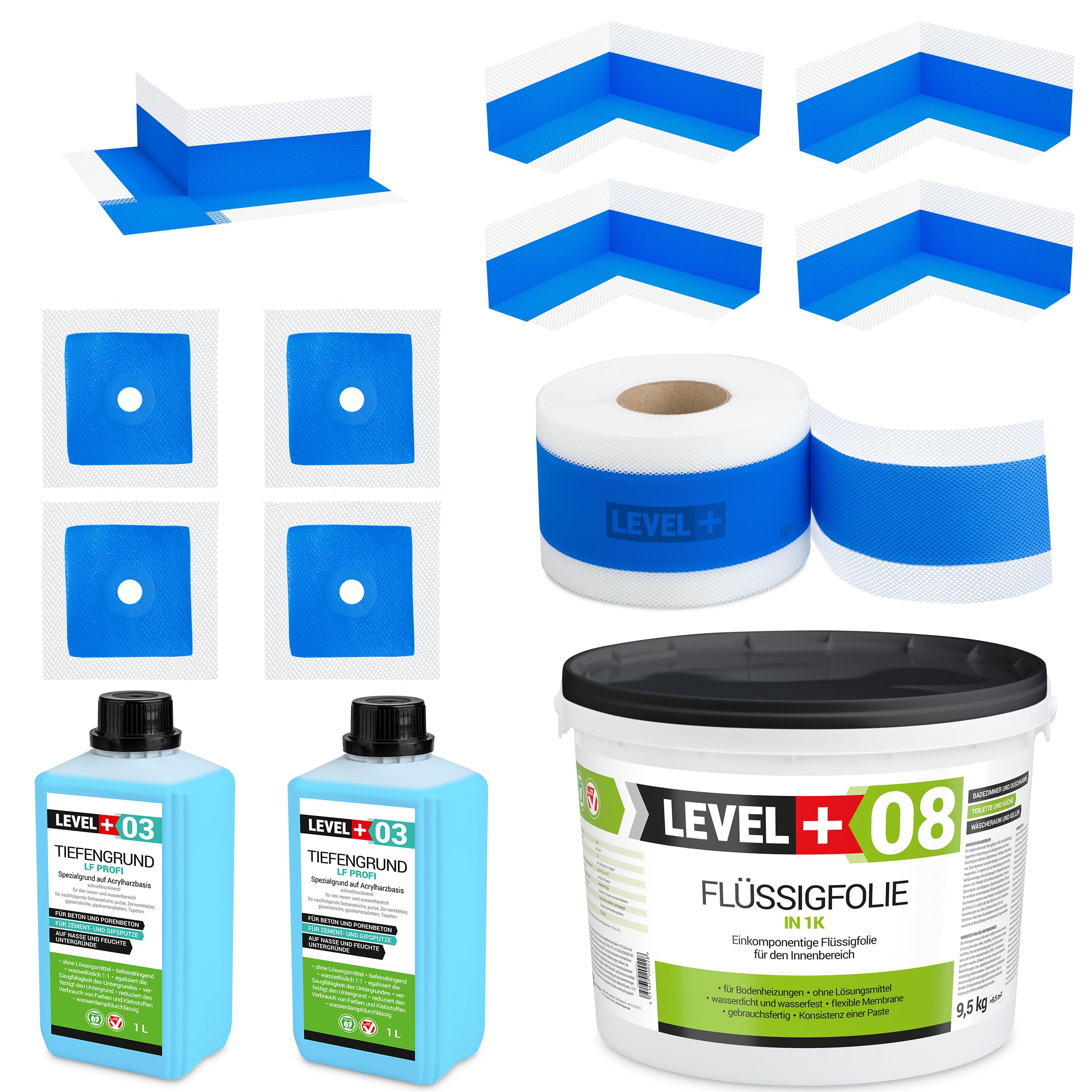 Juego de sellado para baño aprox. 7m² Lámina líquida de sellado 9,5 kg Imprimación de profundidad 2L SET320