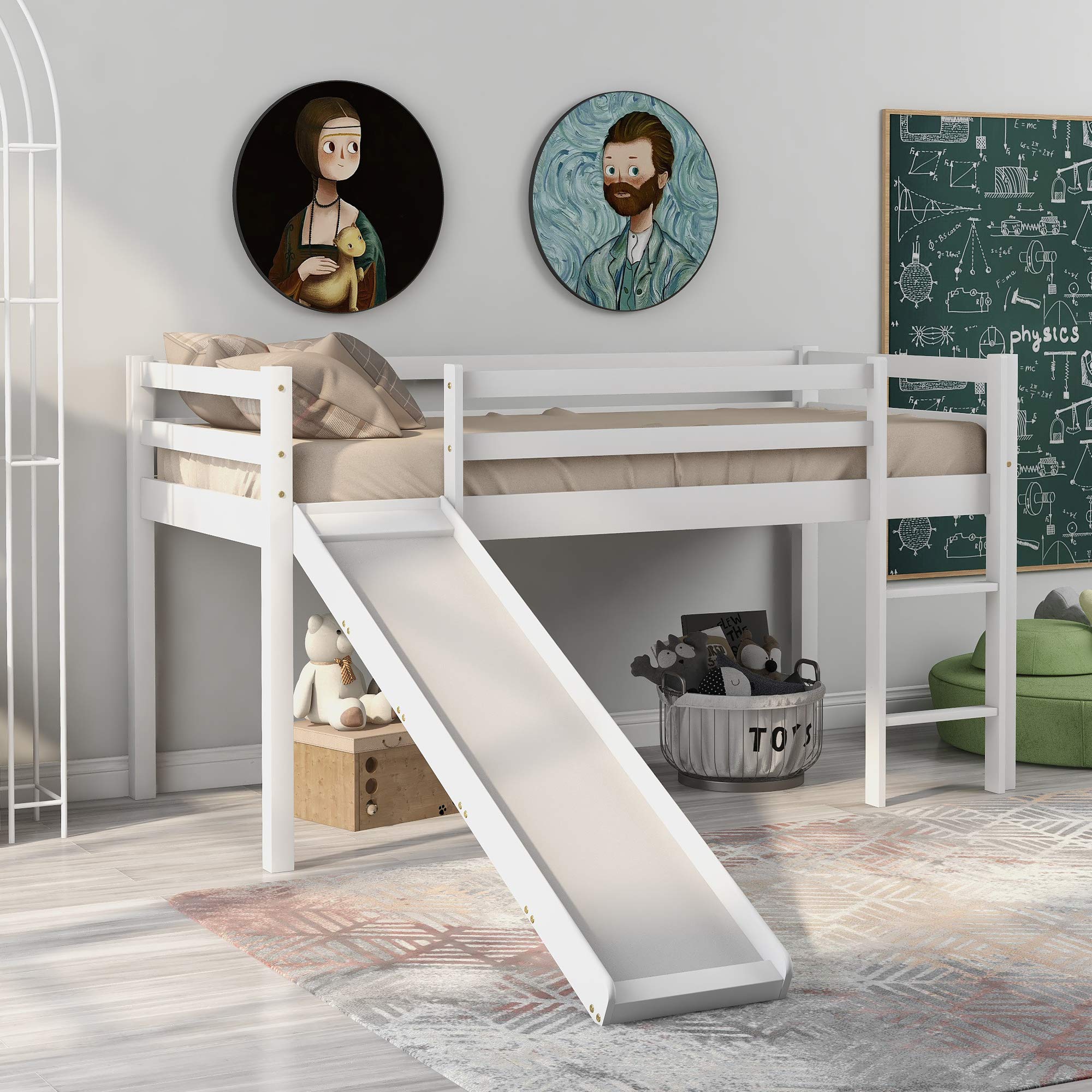 Buy Bed Frame with Slide Ladder, Children's Wood Twin Low Bunk Bed