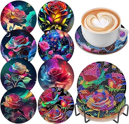 8 posavasos de pintura artística de diamantes con soporte, posavasos de arte de diamantes para bebidas, kits de pintura de arte de diamante para