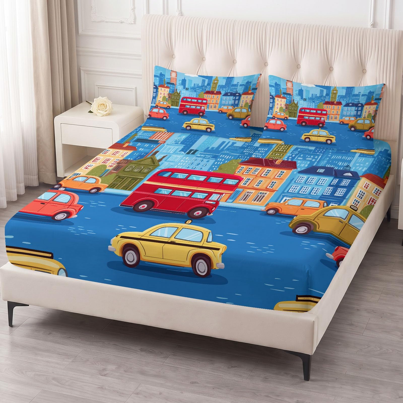 Juego de 3 sábanas bajeras ajustables de 90 x 200 cm para cuna, diseño de dibujos animados, de microfibra transpirable, sábana bajera con vehículo y 2 fundas de almohada de 80 x 80 cm con cremallera