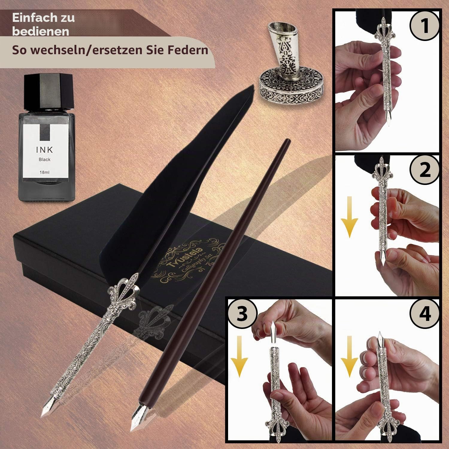 Kalligraphie Set für Anfänger Holz Dip Pen Federkiel 19 Federn Tinte Set Geschenkbox