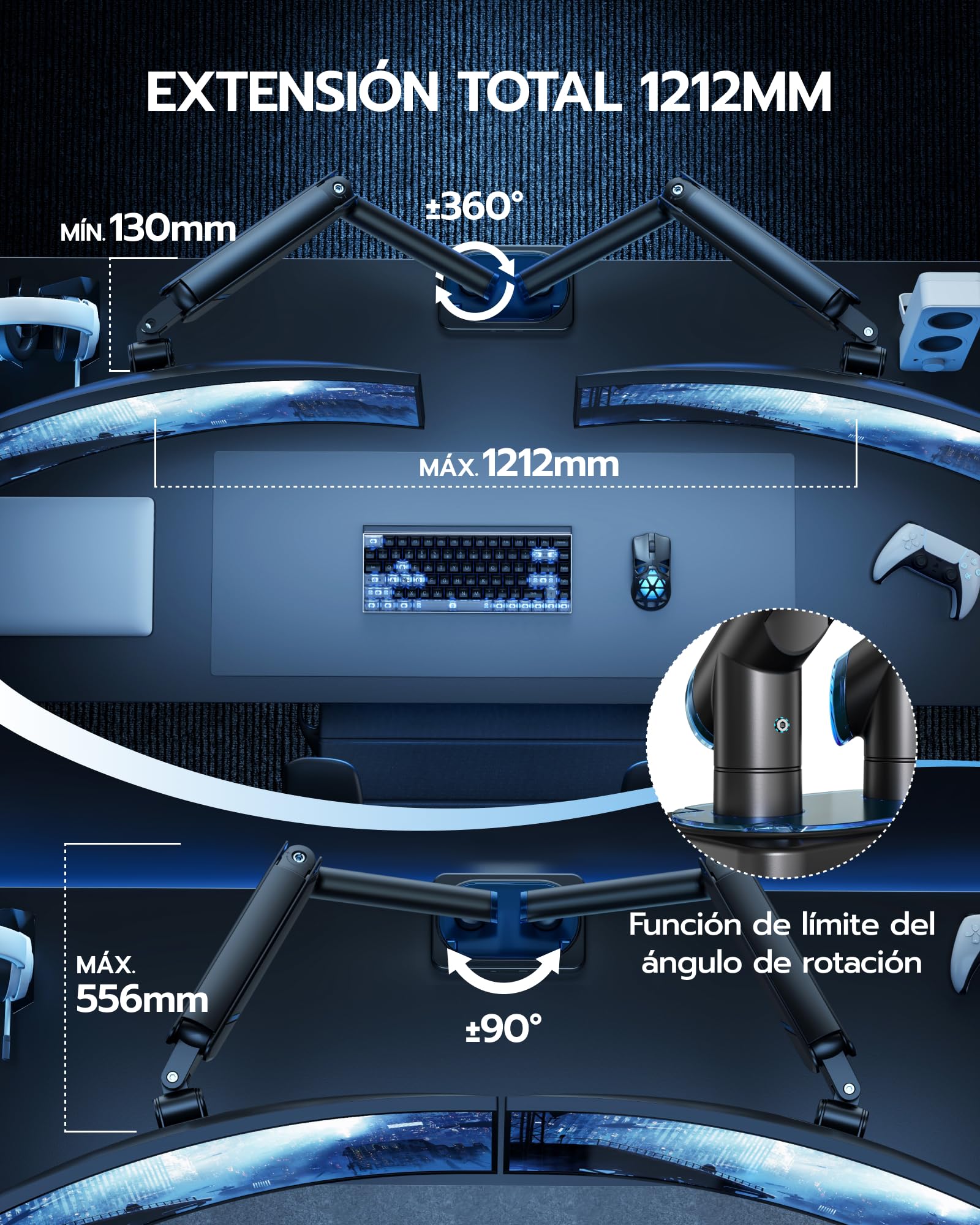 ARES WING Soporte de monitor para 2 monitores para pantallas planas y curvas de 17–45 pulgadas, Negro