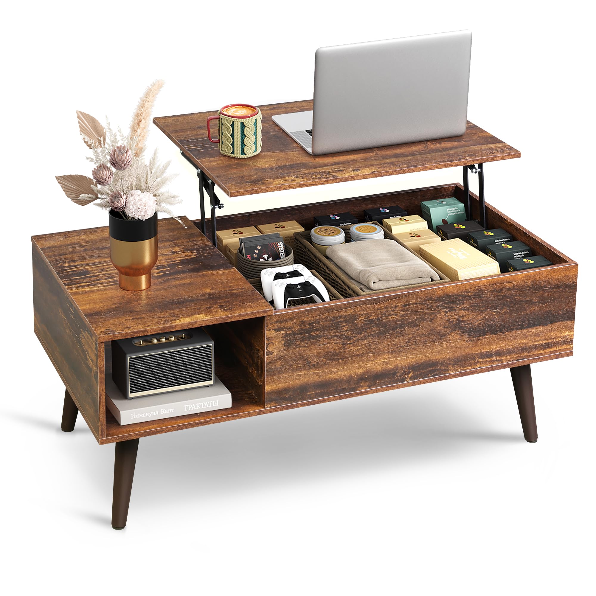 WLIVE Tavolino da Salotto Sollevabile,Tavolino da Caffè con Portaoggetti Nascosti e Scomparti Aperti, Trasformabile in Tavolo da Pranzo per Soggiorno, Ufficio,100 x 50 x 41-57cm Marrone
