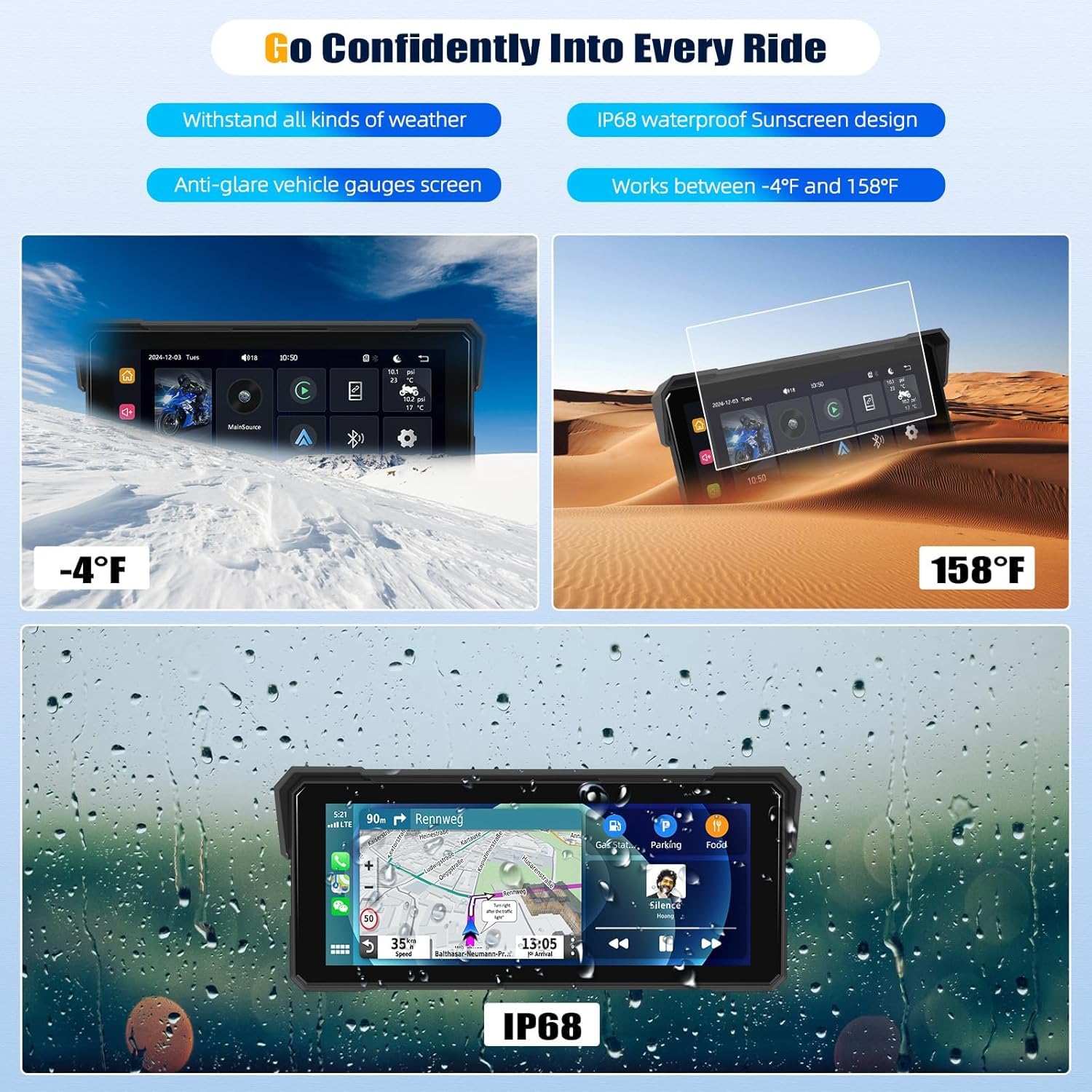 SIXTOP Écran Carplay pour Moto, CarPlay et Android Auto sans Fil pour Moto, Écran Tactile Étanche de 8,1 Pouces, Audio Bluetooth, Navigation GPS, Égaliseur, Siri