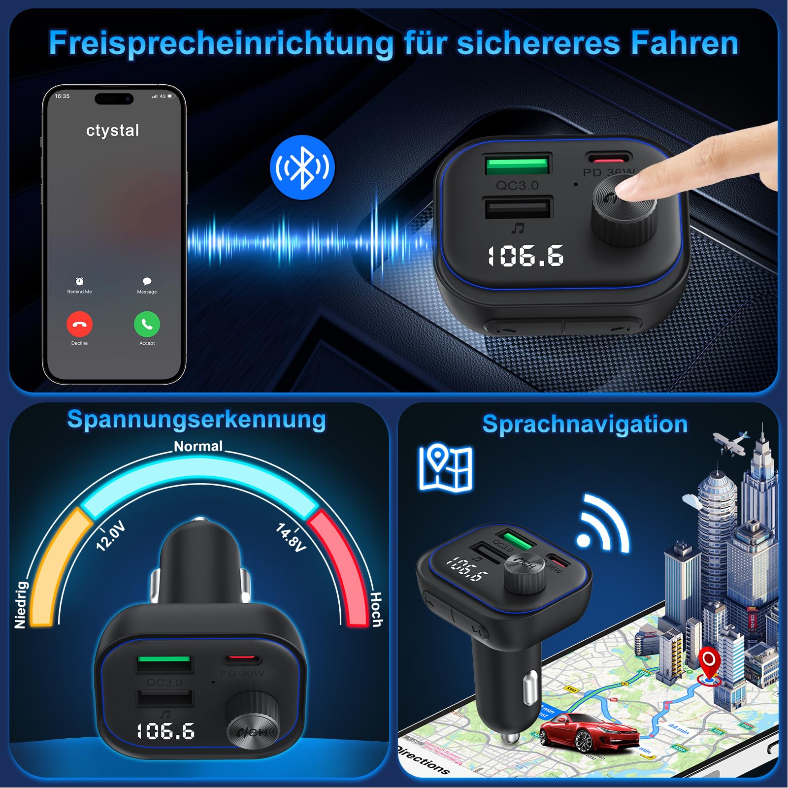 Bluetooth samochodowy nadajnik FM, adapter Bluetooth do zapalniczki samochodowej PD 36 W USB C, QC3.0 18 W, szybka ładowarka BT 5.3, HiFi, odtwarzacz muzyki, radio, zestaw głośnomówiący, obsługuje