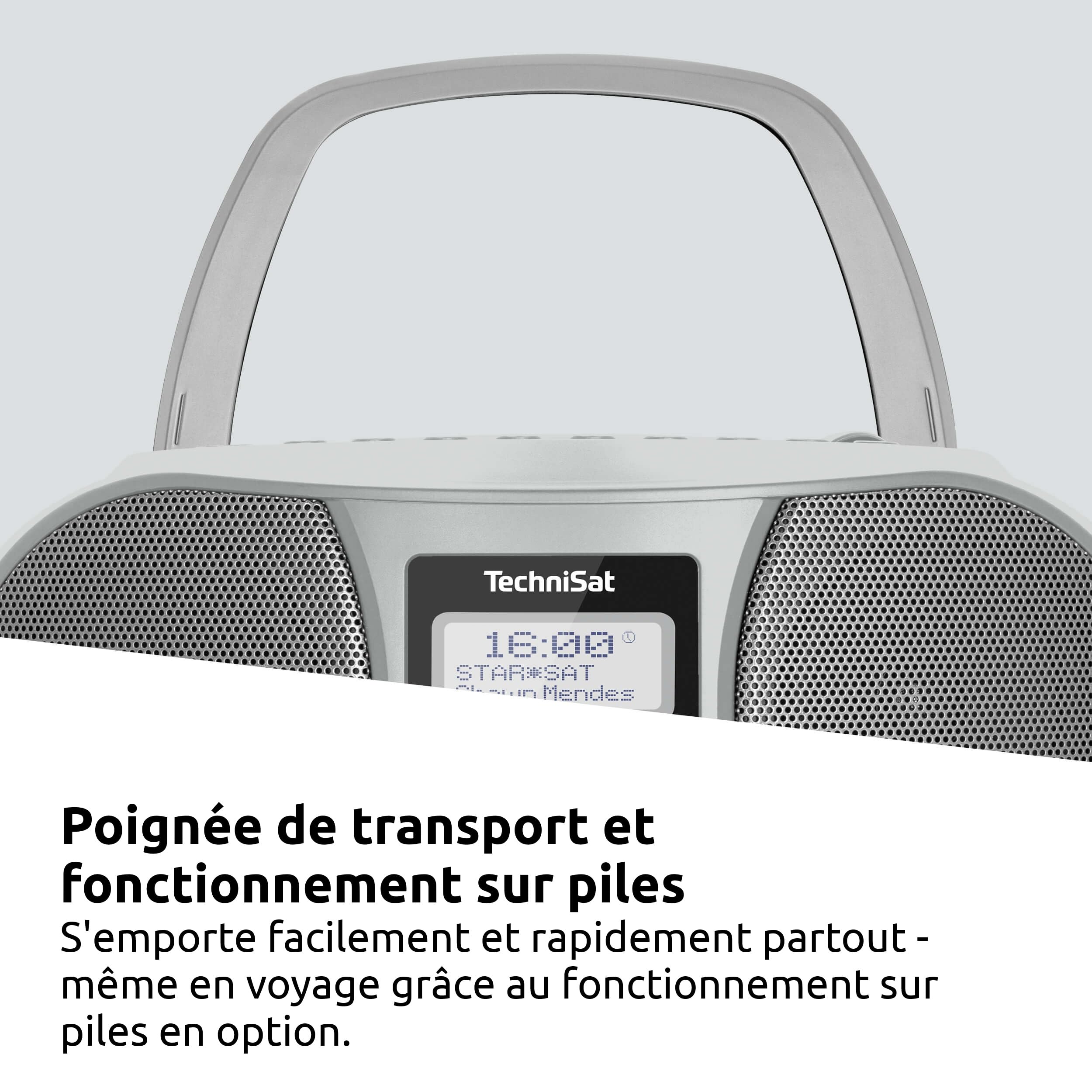 TechniSat DIGITRADIO 1990 - stéréo Boombox avec Radio Dab +/FM et Lecteur CD (Streaming Audio Bluetooth, Connexion Casque, USB, entrée AUX, Fonction de Charge, Horloge, 2 x 1,5 W) Argent