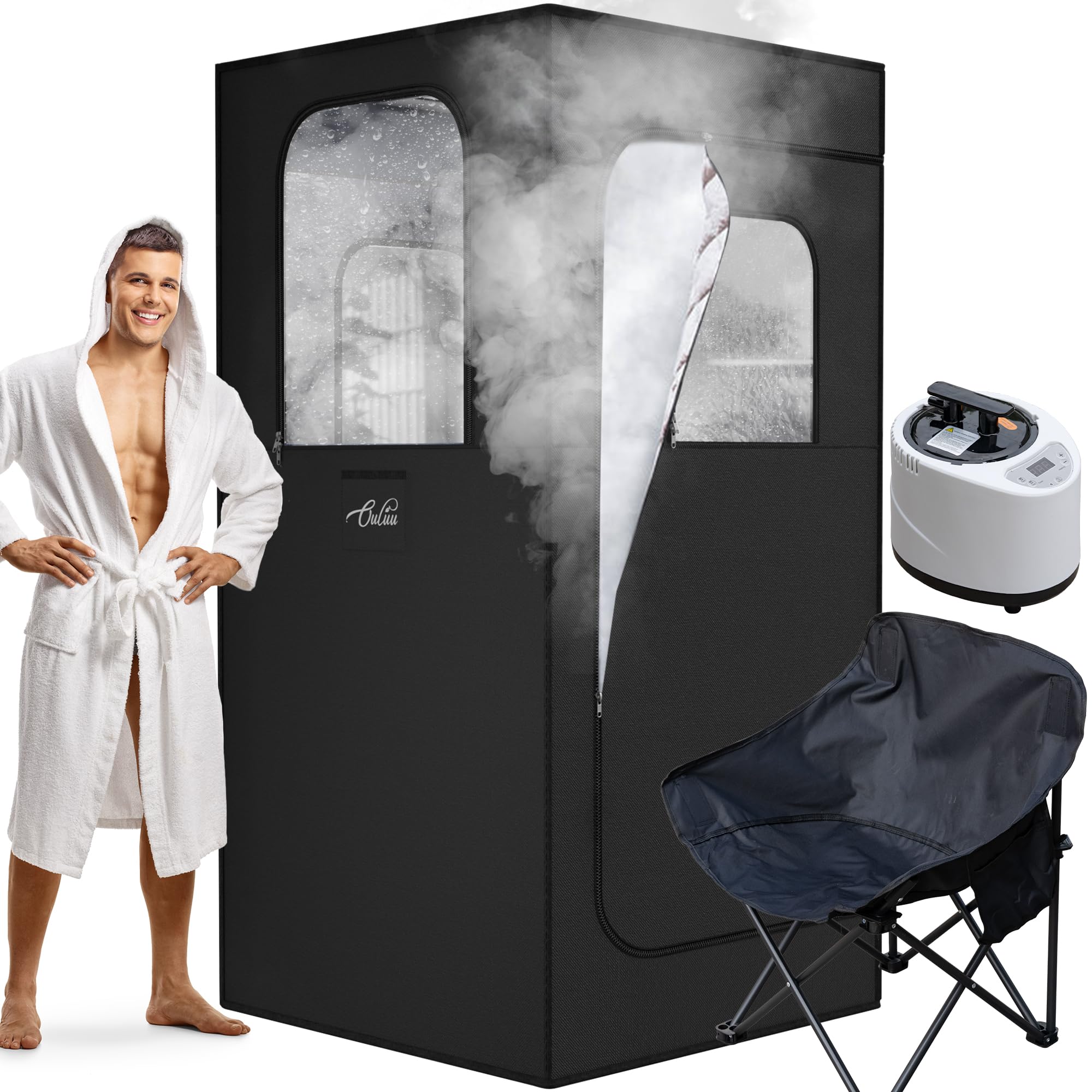 Portable Sauna for Home, 2.6L Steamer Portable Steam Sauna for Home, Personal Sauna with Big Sauna Chair, Remote Control, Oxford Fabric, 2.6’ x 2.6’ x 5.9’, Black, 1000W