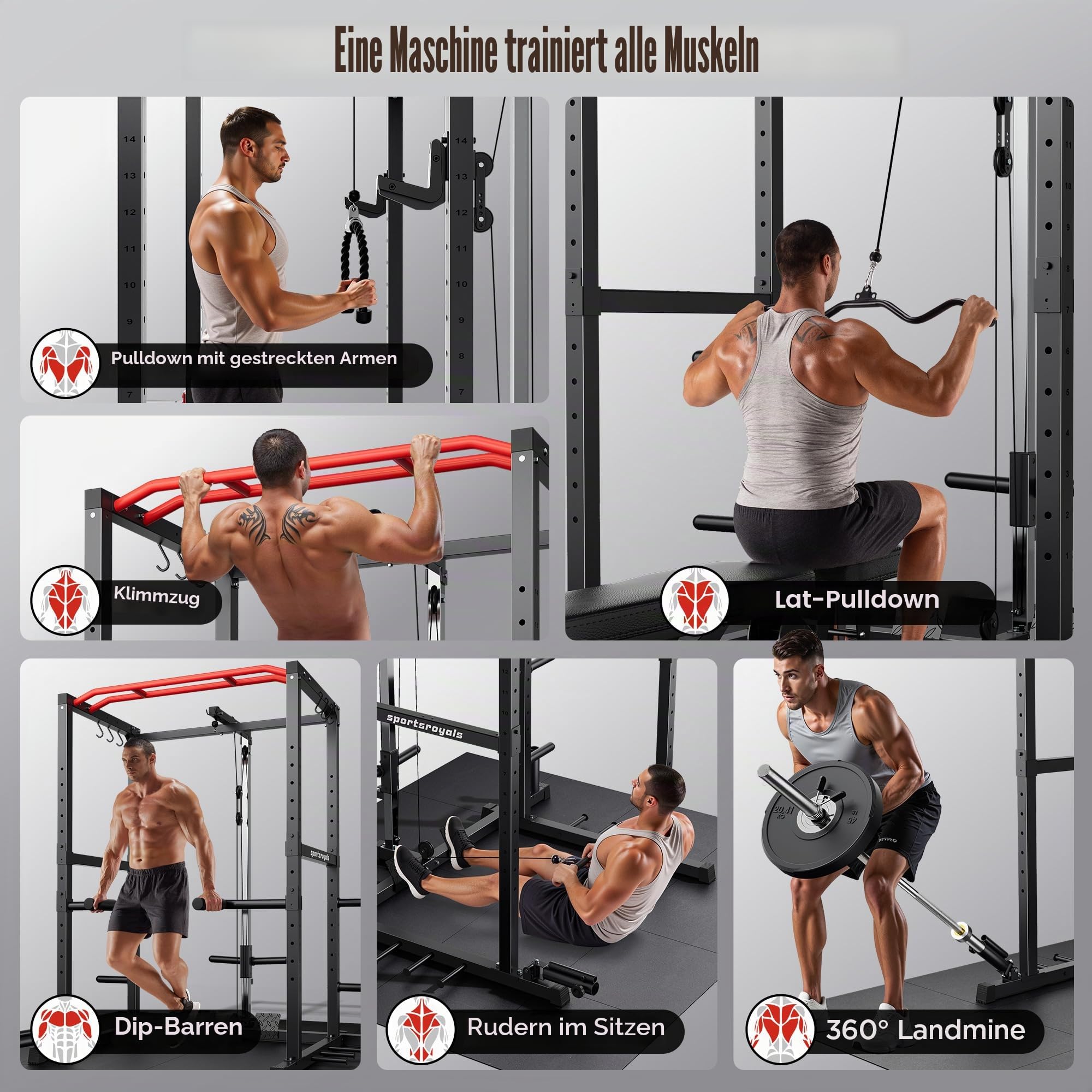 Sportsroyals Power Rack, multifunktionaler Power-Käfig mit LAT-Pulldown-Riemenscheibensystem, Kniebeugenständer mit mehr Trainingsaufsätzen für Zuhause, Fitnessstudio, 544 kg Tragkraft, Rot