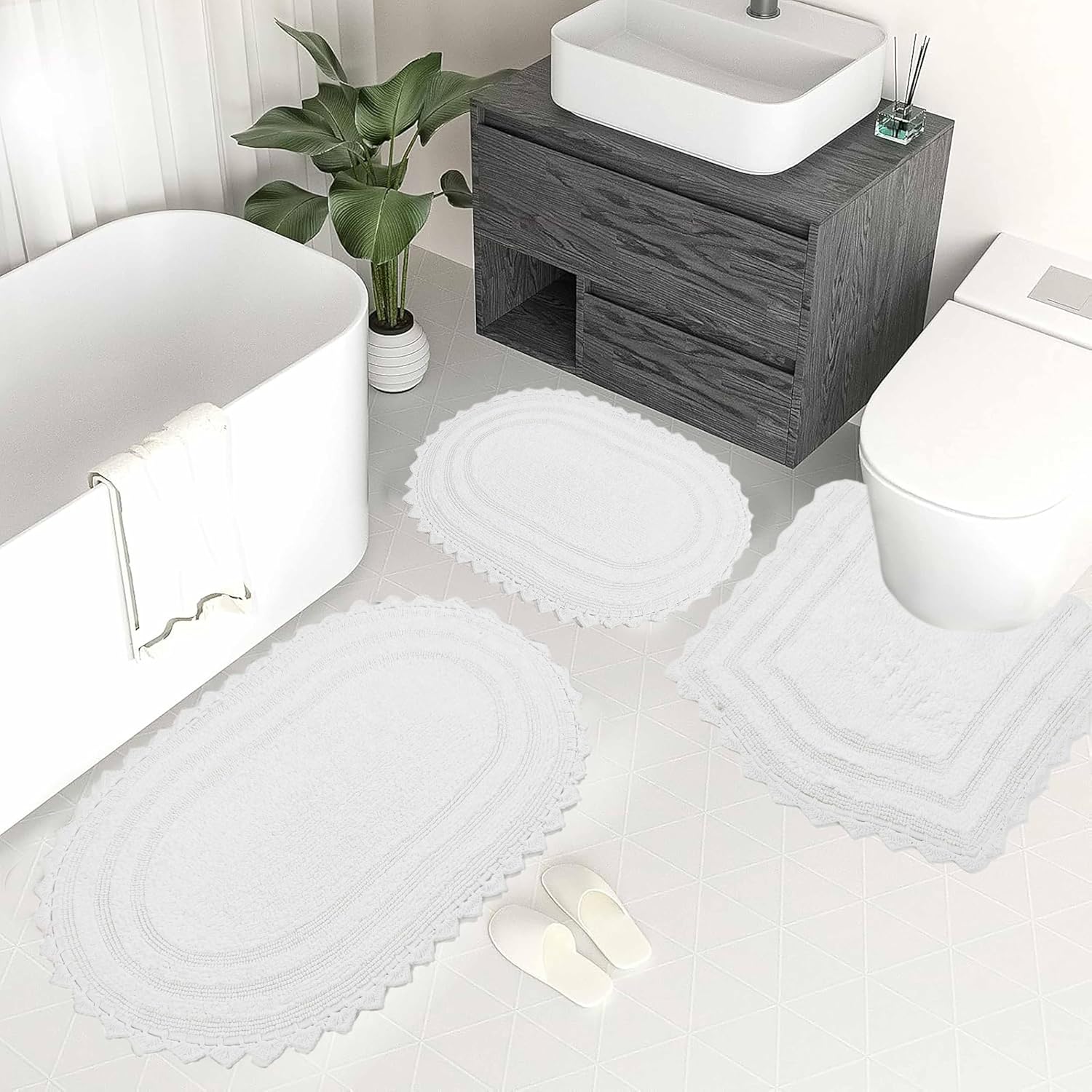 Royal Blaze White Crochet Bath Mat Set of 3 100 Washable