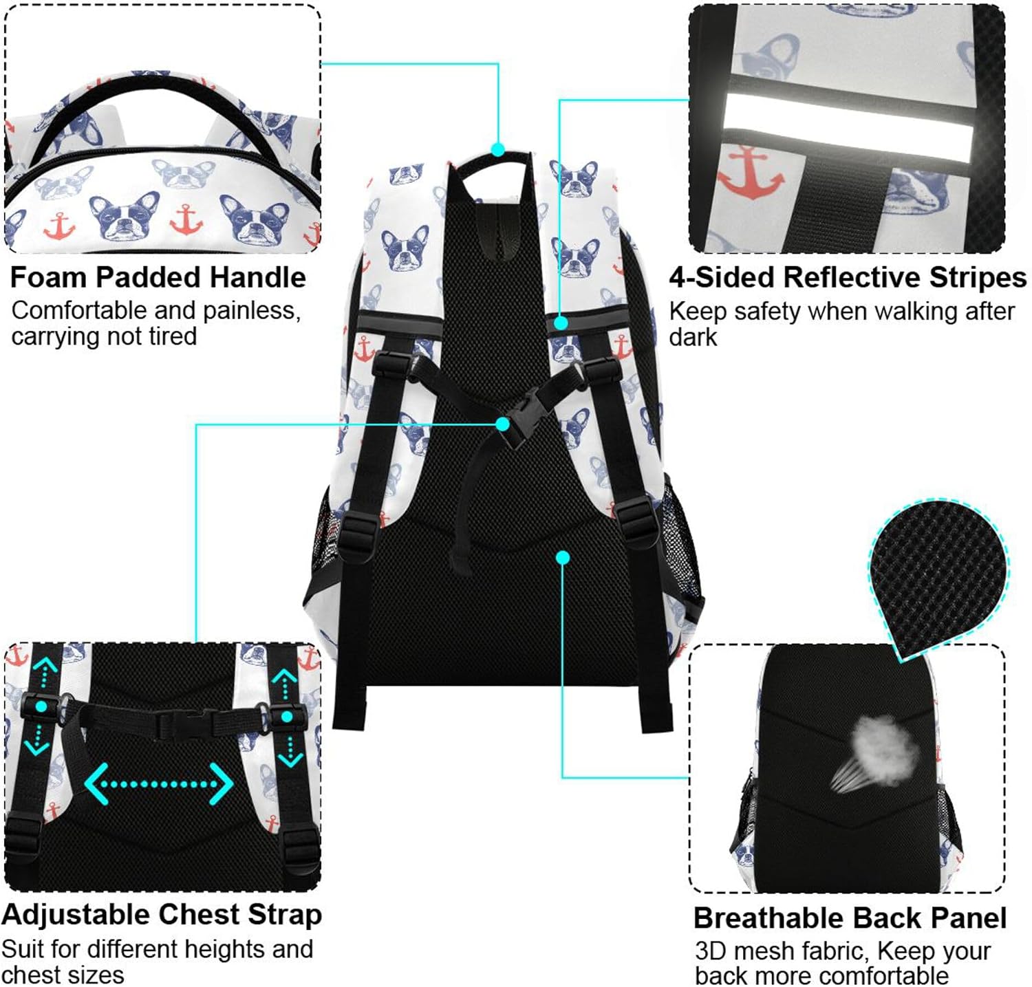 MNSRUU School Backpack with Chest Strap, French Bulldog And Anchor Laptop Backpack, Travel Hiking Backpack for Boys Girls, Rucksack, Knapsack