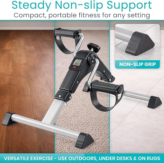 Vive Folding Pedal Exerciser - Under Desk Exercise Bike for Seniors, Elderly - Sit Down Stationary Peddler Equipment for Arm, Leg, Hand, Foot - Mini Floor Bicycle with LCD Display, Adjustable Tension