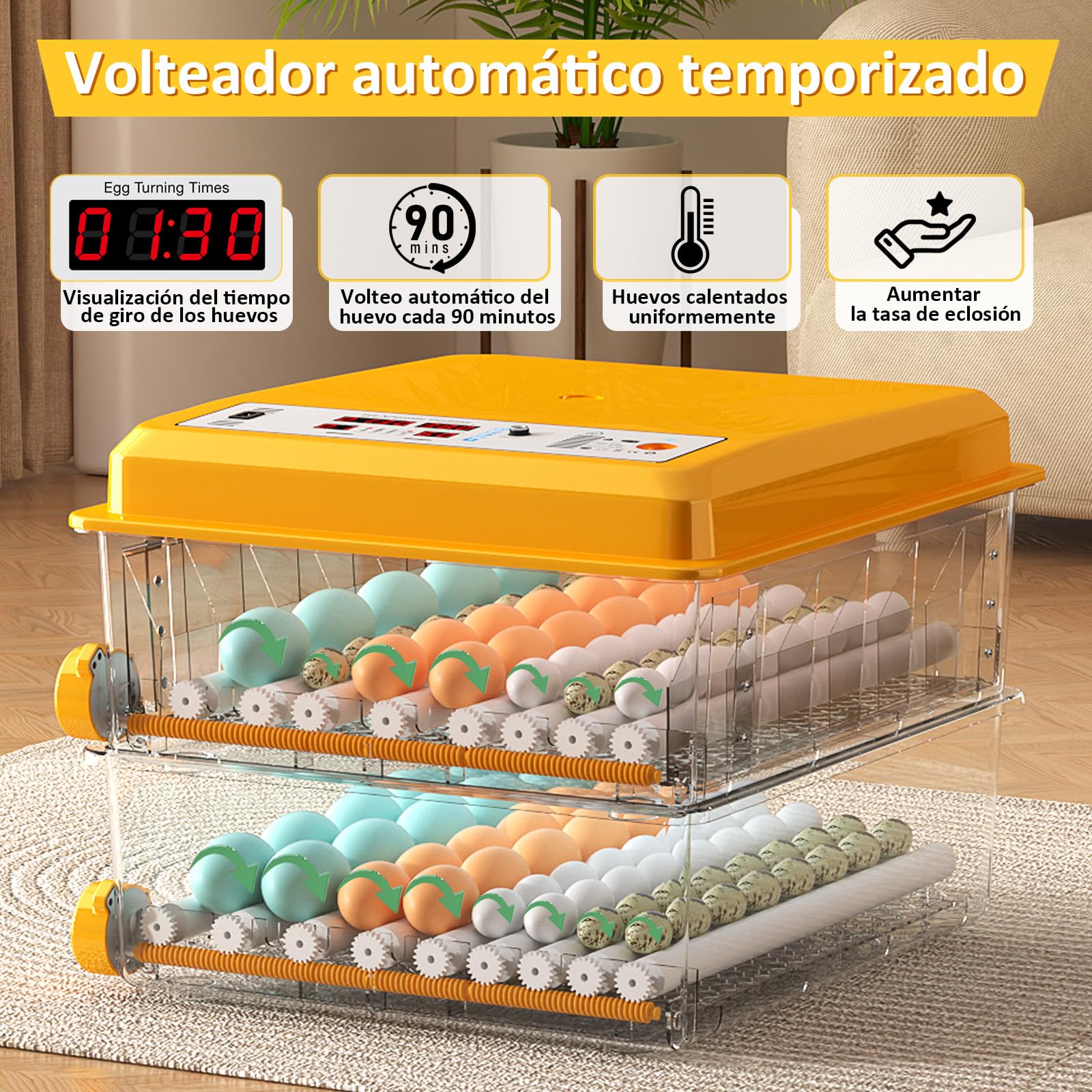 Incubadora Huevos Gallina para 120 Huevos, Incubadora con Volteo Automático y Monitor de Humedad, Control de Temperatura, 5 Modos de Incubación Automáticos y Registro de Días de Incubación
