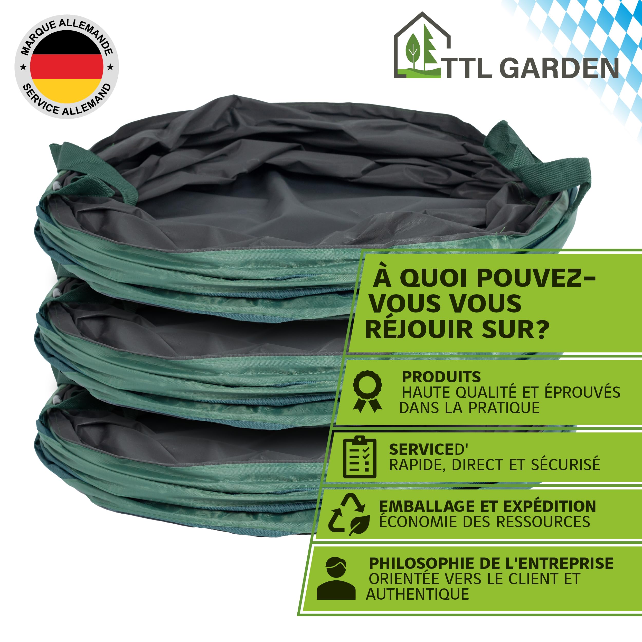TTL Garden - Pop Up - Lot de 3 sacs à feuilles de jardin - 160 l - Tissu extra robuste - Pliables, autoportants et de qualité supérieure - Idéaux pour déchets de jardin
