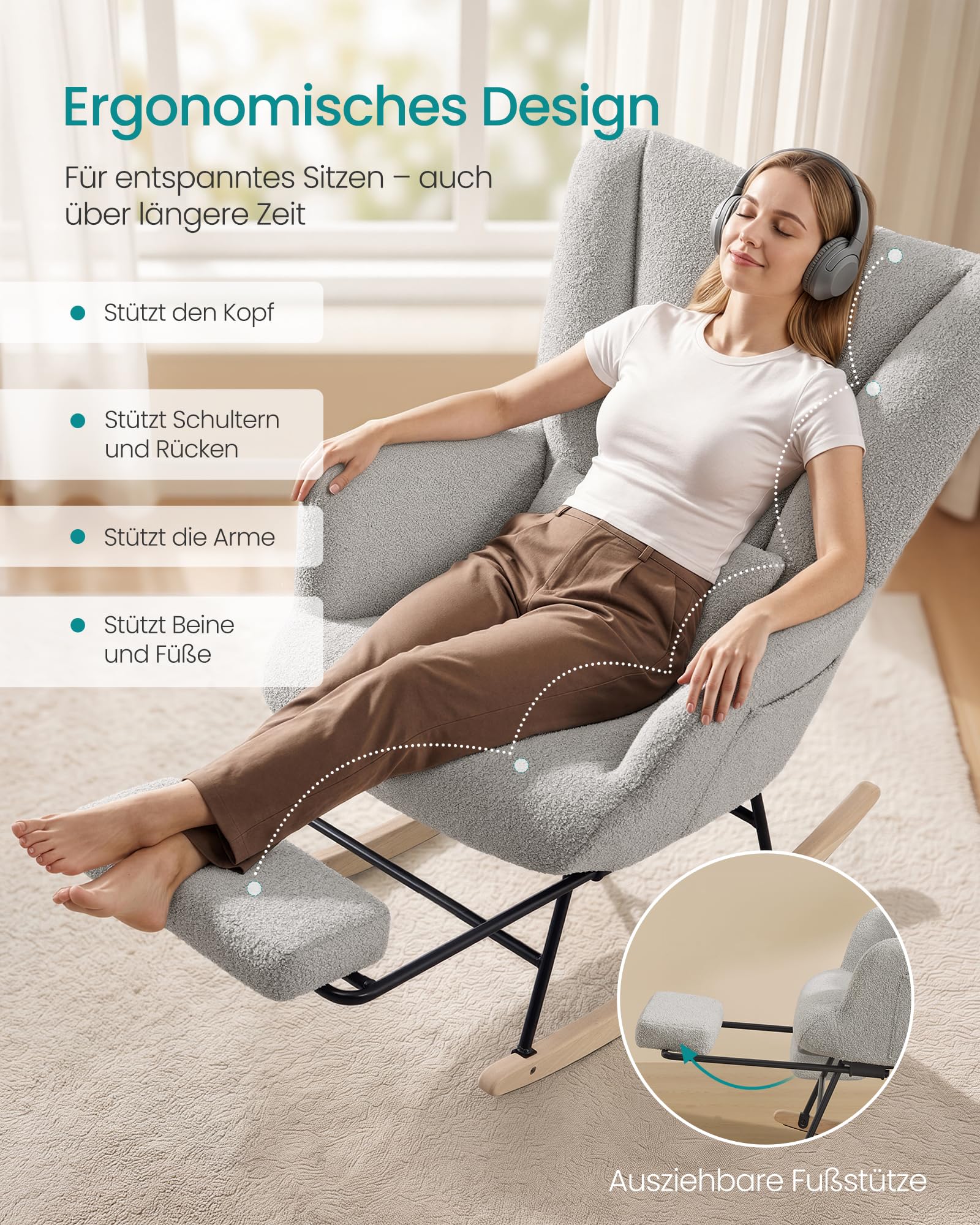 SONGMICS Schaukelstuhl, Relaxsessel, ausziehbare Fußstütze, Schaukelsessel, abnehmbares Kissen, Seitentaschen, Holzbeine, Fleece, für Schlafzimmer, Wohnzimmer, Taubengrau LYY018G101