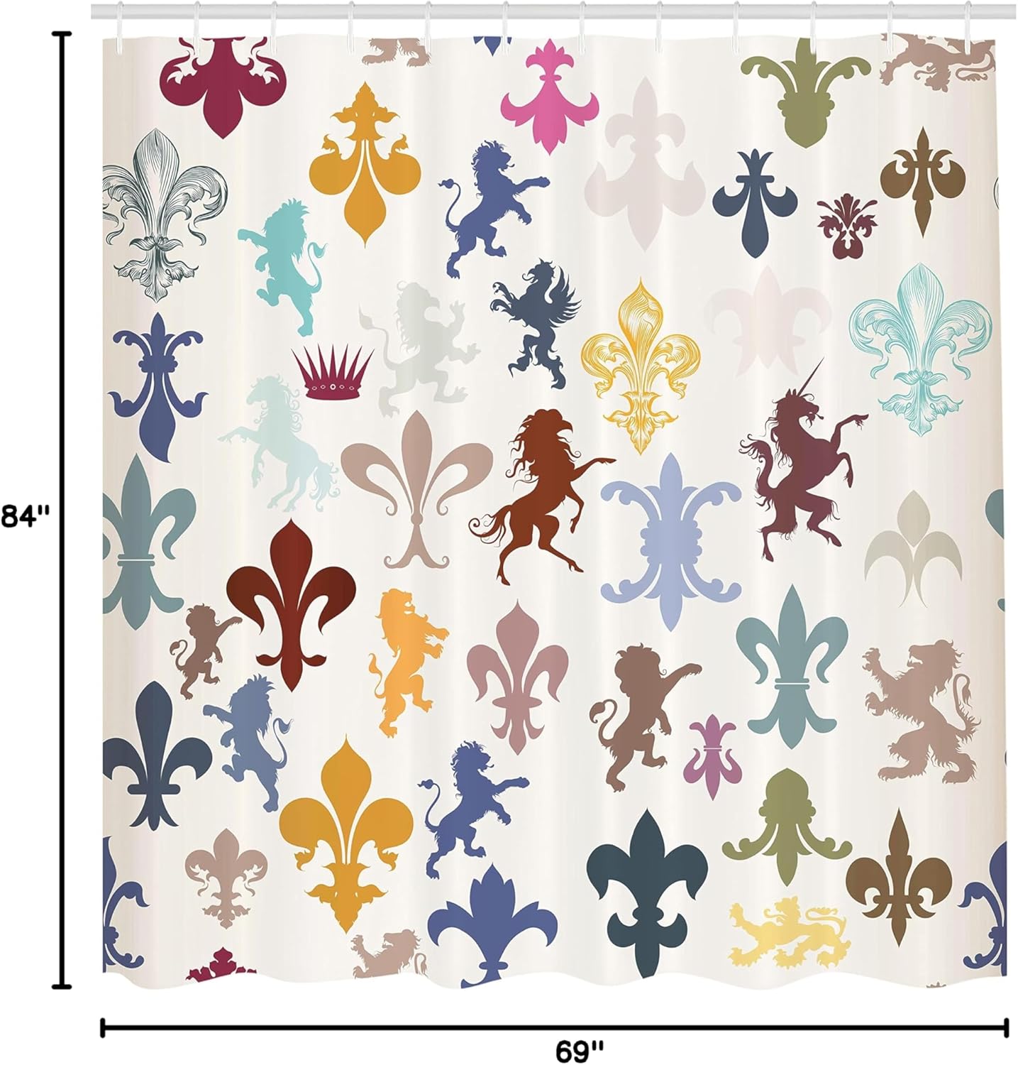 Ambesonne Fleur De Lis Shower Curtain, a Pattern with Lions and Horses Griffins an Unicorn and Fleur-de-Lis Fantasy Style of Artwork, Cloth Fabric Bathroom Decor Set with Hooks, 69" W x 84" L, Ivory