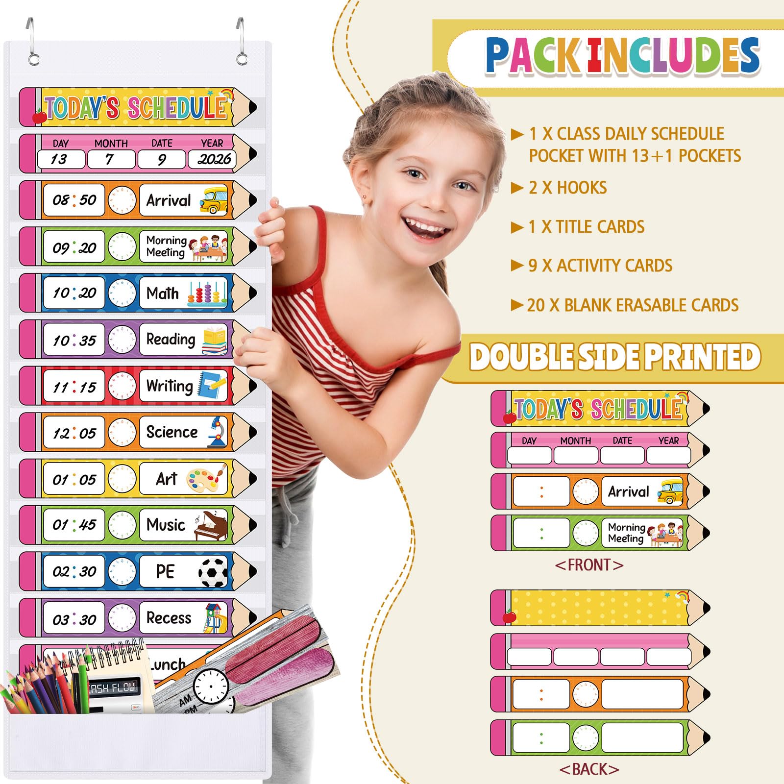 Pasimy Tagesplan-Taschendiagramm mit 31 Bleistiftkarten und 14 Taschen, Schulanfang, Klassenzimmer, Dekoration für Schule, Büro, Zuhause, pädagogische Aktivitäten