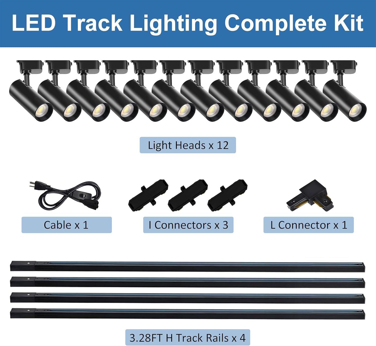 (SIMILAR TO STOCK PHOTO )J&L Type LED Track Lighting Kit, Track Lighting 12 Heads Cool Light 6000K 25W 2700lm High Brightness Dimmable Track Lighting System with 26ft Track Rail, Adjustable Angle Light Heads Black 6000.0 Kelvin 12 Heads Kit