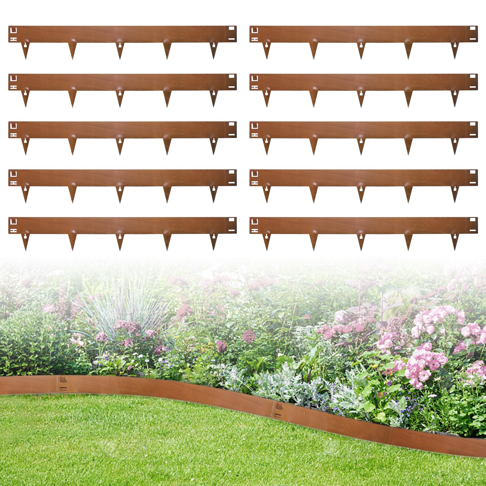 10 Piezas Bordura Acero Corten, 107 cm Borduras Jardin, 20 cm de Alto, Borde Jardin Flexible, Borde de Césped, Separador para Exterior Jardín Patio Césped Plantas Huerto