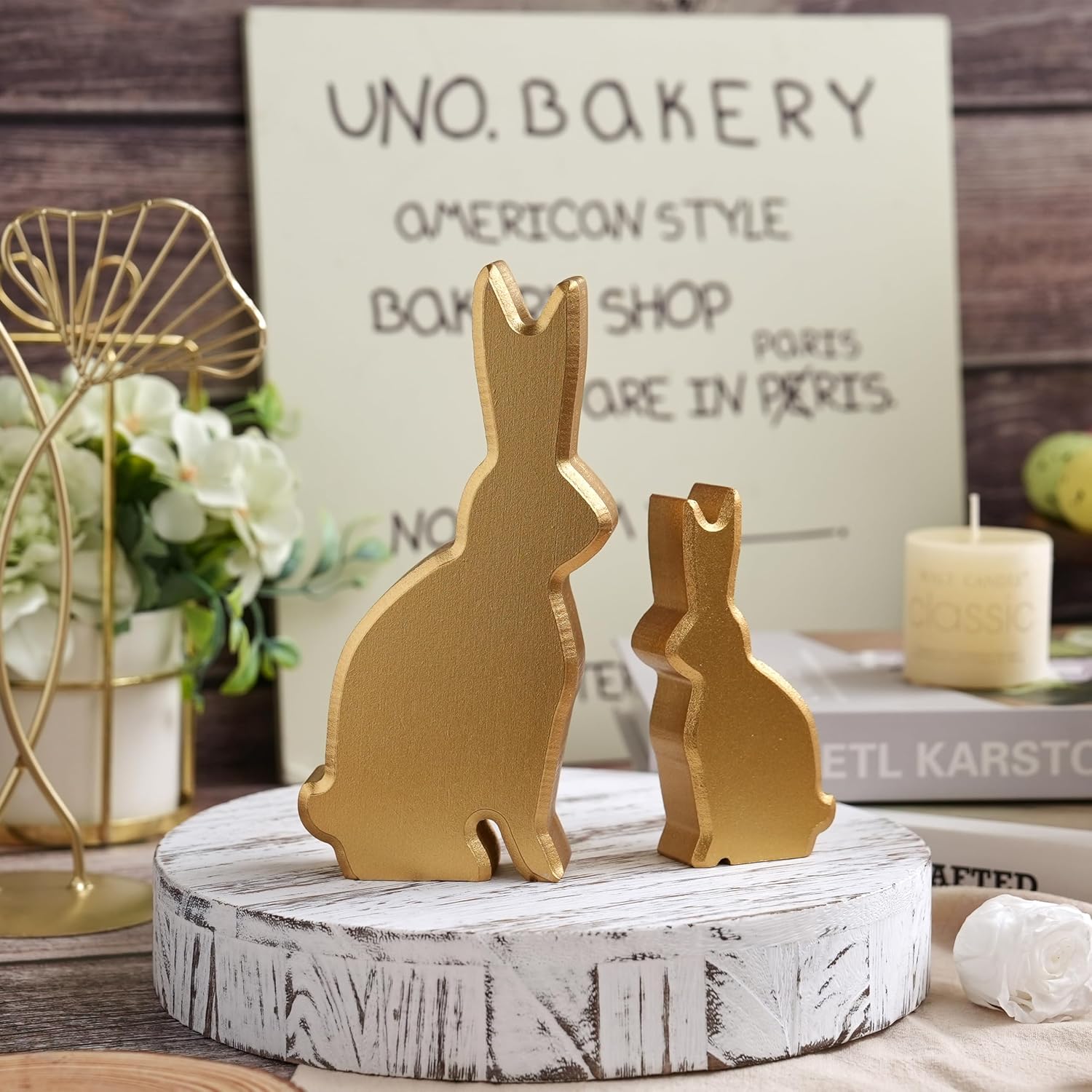 FESTGLOX Wood Bunny Decor, Gold Bunny Figurines Set of 2, Easter Rabbit Statues for Modern Home Decor, Decorative Rabbits for Spring Farmhouse, Mantel Shelf Table Centerpiece, Gift