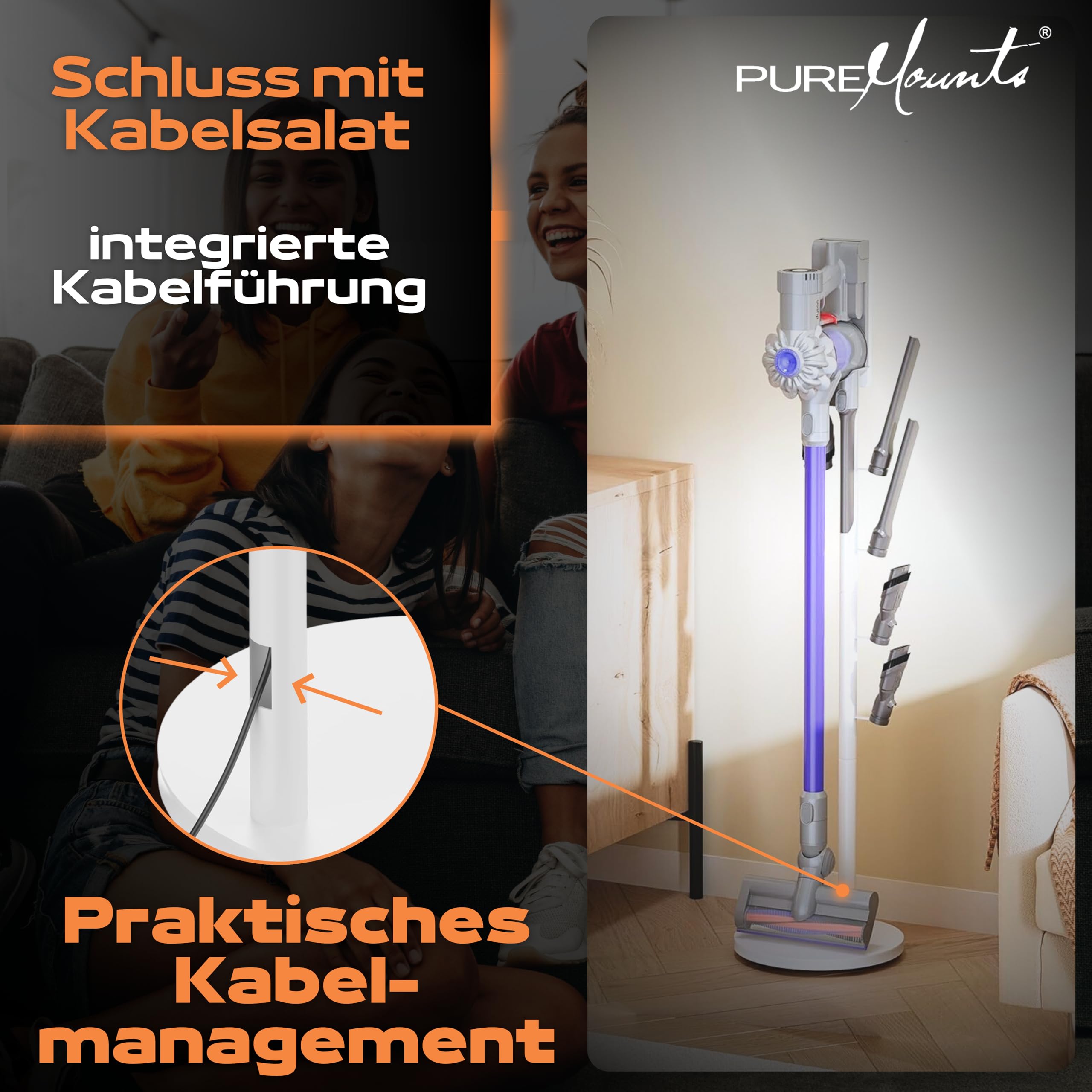 PureMounts Soporte de aspiradora universal compatible con Dyson, Philips, Samsung, Bosch, Miele, Anyson, Xiaomi, soporte de suelo, soporte de accesorios, blanco