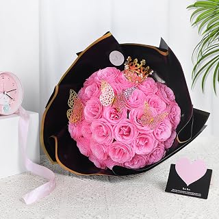 Seebeellar DIY Glitter Roses Bouquet Kit - 25 Shiny Artificial Pink Fake Flowers for Mother's Day, Weddings, Anniversaries