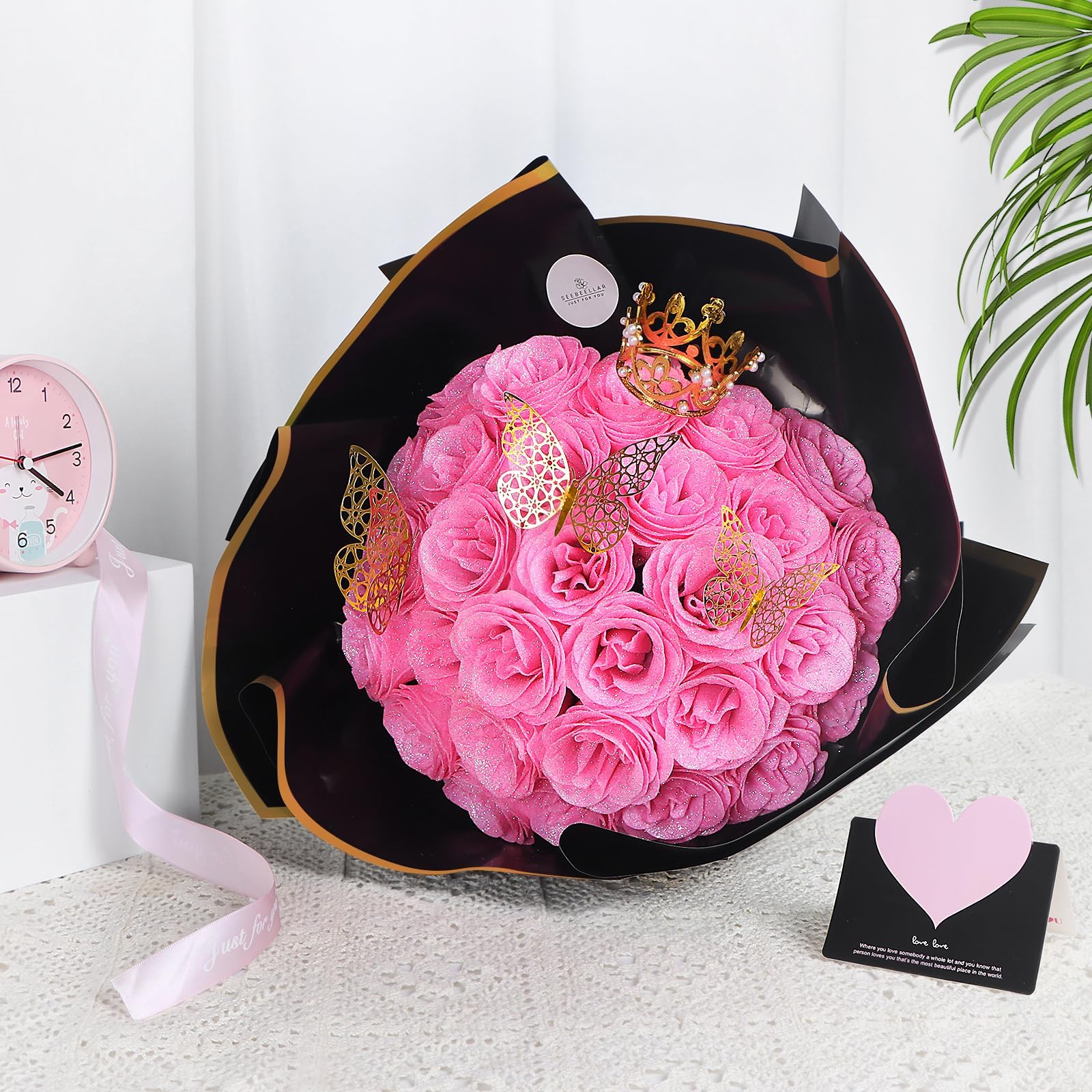DIY Glitter Roses: Artificial Bouquet of Shiny Fake Flower Bouquet, Perfect for Mothers Day Gift， Anniversary， Weddings - 25 Roses (Pink)
