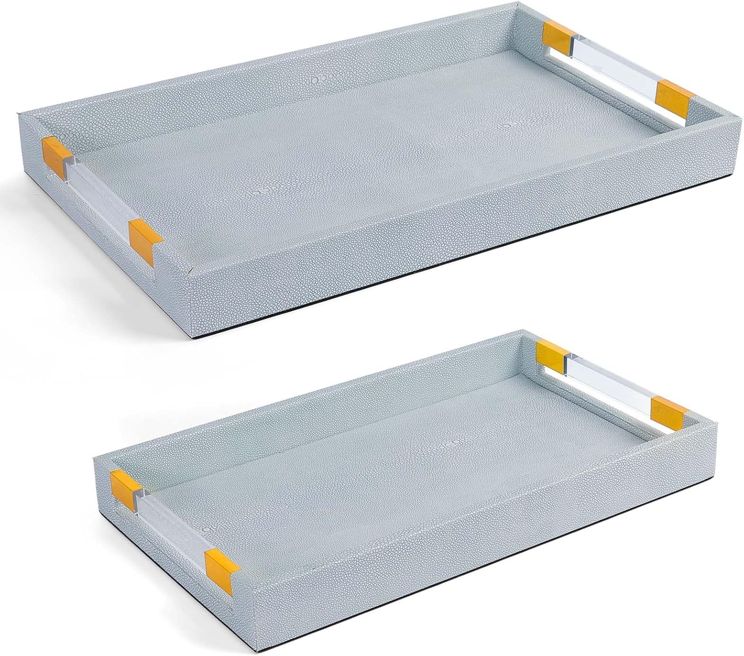 2 Pack Large Ottoman Tray Shagreen Decorative Tray Serving Tray with Acrylic Gold Handles, Ice Blue Vegan Leather Coffee Table Tray for All Occations Home Decor Ice Blue 2 Pack, L(19.7" x 12" x 2")M(17.7" x 10.2" x 2")